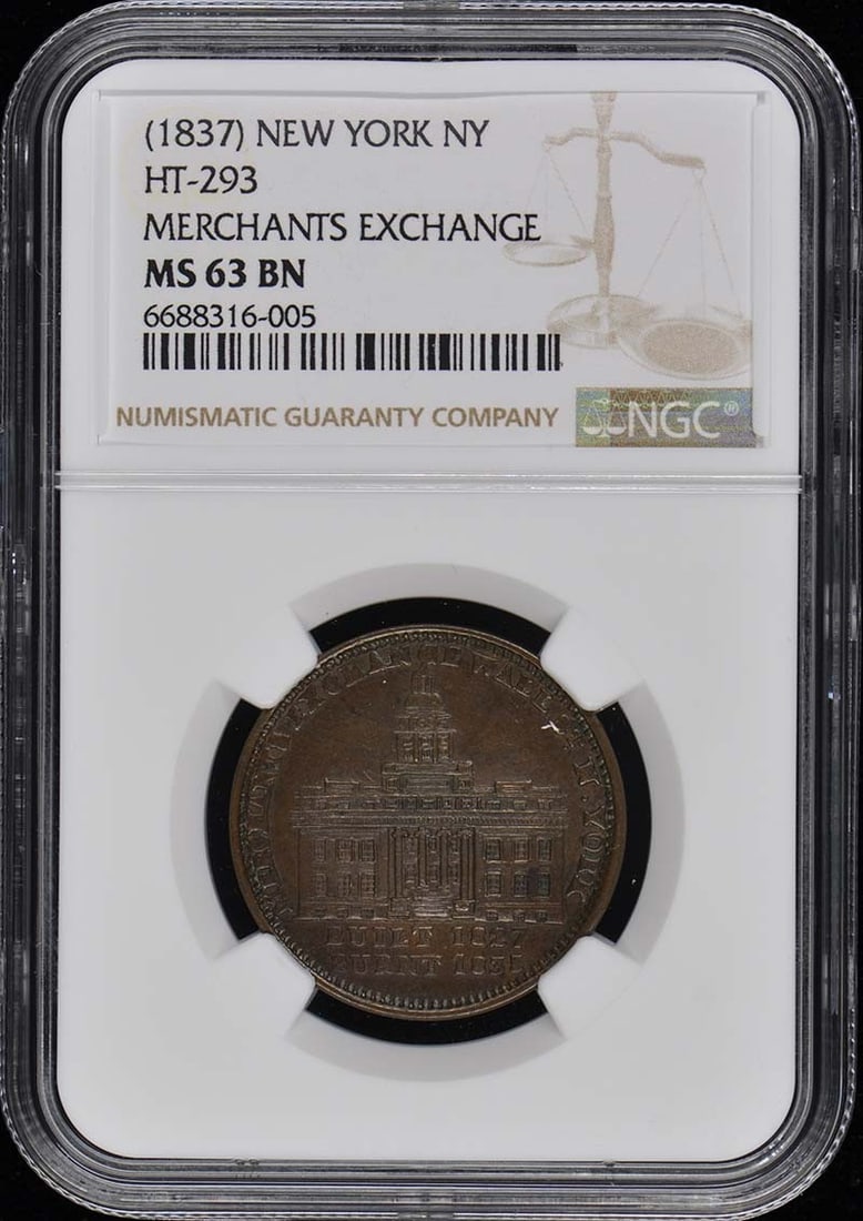 1837 NEW YORK Hard Times Token HT-293 NY NGC MS63BN: 1837 NEW YORK Hard Times Token HT-293 NY NGC MS63BN The 1837 New York Hard Times Token, graded MS63BN by the NGC, boasts an impressive level of detail and craftsmanship. This uncirculated token featur