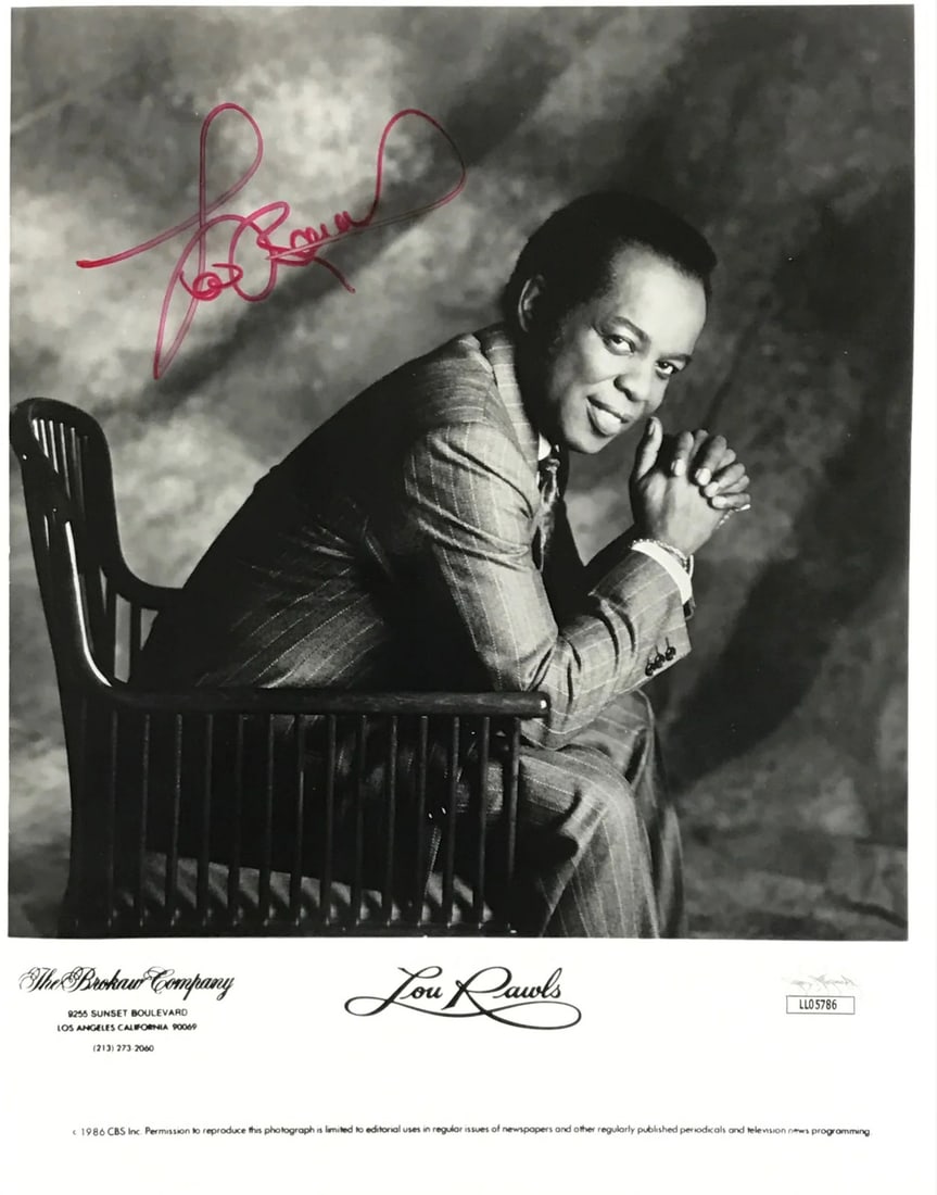 Lou Rawls Autographed 8x10 Celebrity Card Board Photo (JSA): Lou Rawls Autographed 8x10 Celebrity Card Board Photo (JSA) Lou Rawls' iconic image bears his signature in red sharpie across the front of this 8x10 celebrity card board photo, a rare and unique piece