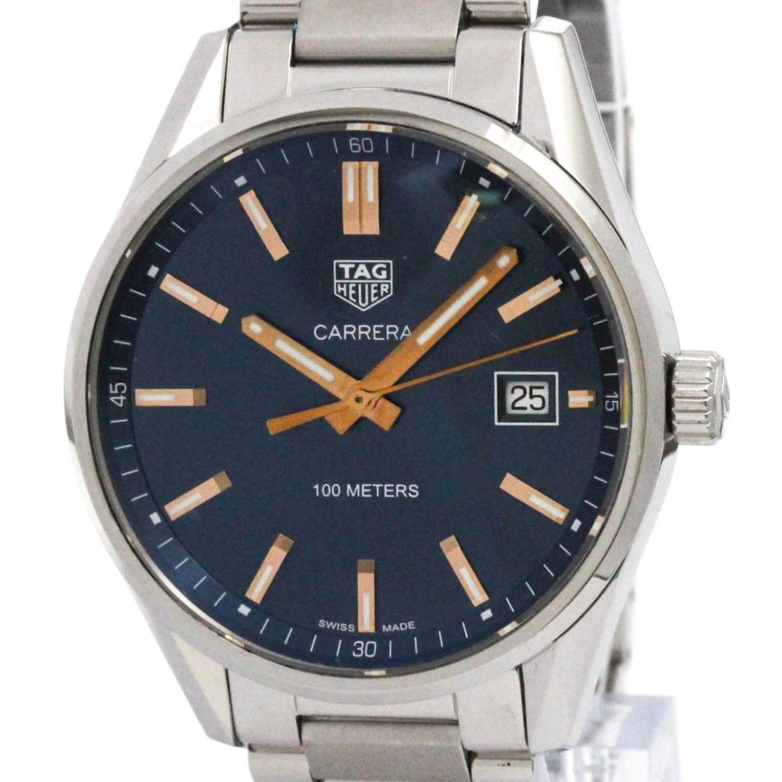 Tag Heuer Wristwatch: Tag Heuer Wristwatch Stainless steel case and band provide a sleek, sporty look for the Tag Heuer Carrera watch. The blue dial stands out against its durable background, while quartz movement ensures 