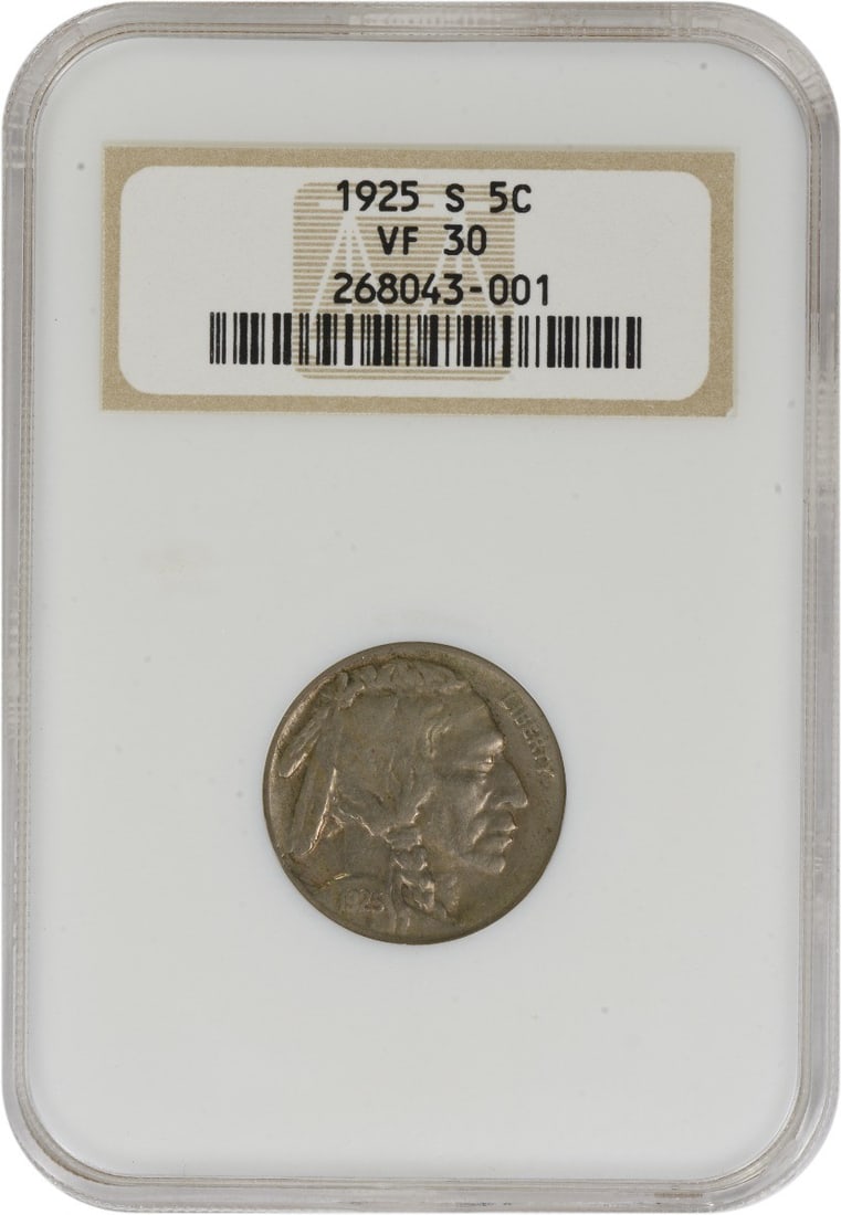 1925-S Buffalo Nickel VF30 NGC: 1925-S Buffalo Nickel VF30 NGC The 1925-S Buffalo Nickel is a highly detailed and visually striking coin, featuring the iconic design of James Earle Fraser's buffalo on its reverse side. With a circul