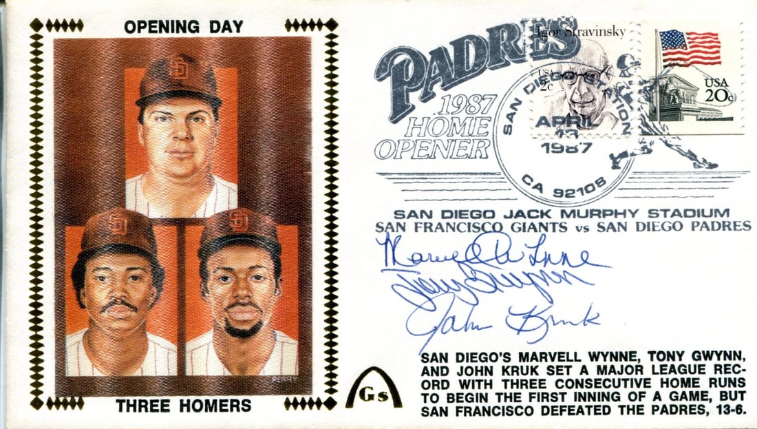 Tony Gwynn, John Kruk &Marvell Wynne Autographed April 13th, 1987 First Day Cove: Tony Gwynn, John Kruk &Marvell Wynne Autographed April 13th, 1987 First Day Cove Tony Gwynn, John Kruk &Marvell Wynne signed April 13th, 1987 First Day Cover in blue pen. This rare item features the s