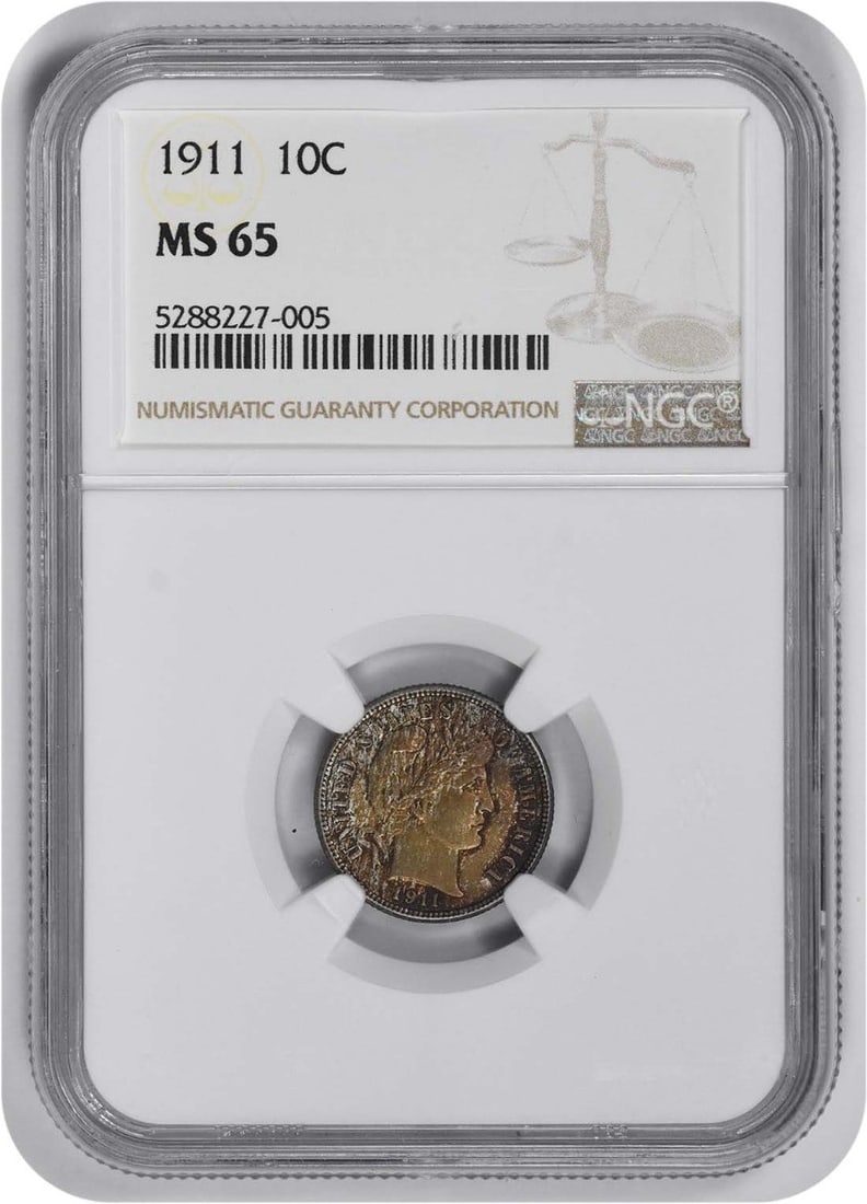 Barber Silver Dime MS65 NGC: Barber Silver Dime MS65 NGC The Barber Silver Dime MS65 NGC is an uncirculated 1911 coin featuring the iconic design of Charles E. Barber, with its reeded edge and 90% silver composition. Certified by