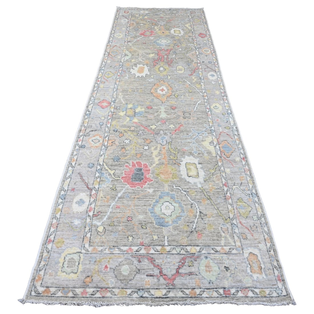 3'9"x12'1" Gray Hand Knotted Angora Oushak Leaf Design Wool Runner Rug: 3'9"x12'1" Gray Hand Knotted Angora Oushak Leaf Design Wool Runner Rug Hand-knotted in wool, this stunning 3'9"x12'1" Gray Oushak Leaf Design Wool Runner Rug boasts a classic Afghan design with intric