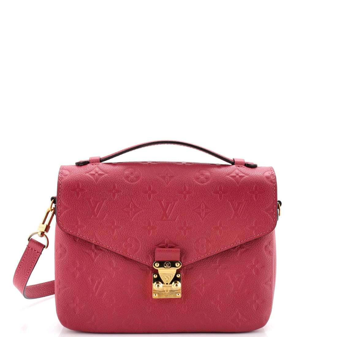 Monogram Leather Pochette Empreinte Louis Vuitton: Monogram Leather Pochette Empreinte Louis Vuitton The Pochette Metis Monogram Empreinte Leather Cross Body Bag features a striking pink exterior with a classic Louis Vuitton design. This stylish bag b