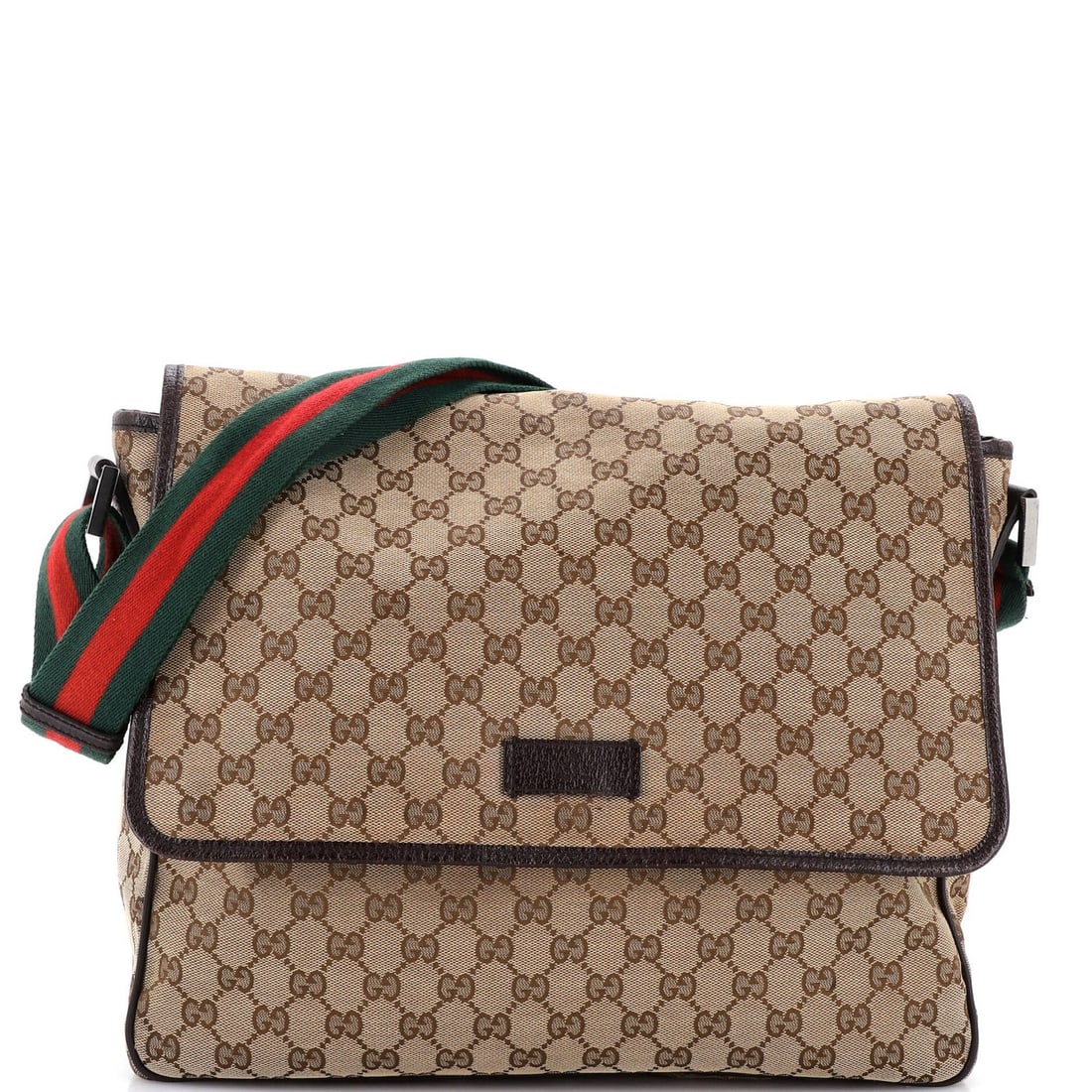 Gucci medium messenger flap web canvas strap: Gucci medium messenger flap web canvas strap Medium Gucci messenger flap web canvas strap with classic brown exterior and interior, featuring silver hardware. This medium-sized strap boasts a timeless