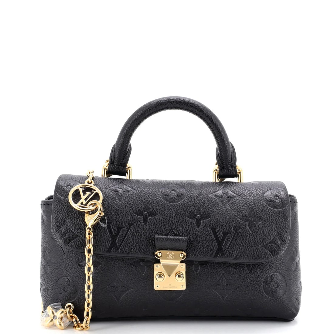 Monogram Leather Nano Vuitton Handbag Empreinte Louis Madeleine: Monogram Leather Nano Vuitton Handbag Empreinte Louis Madeleine Nano Vuitton handbag with Madeleine monogram Empreinte leather exterior, featuring minor creases and corner wear. The black interior boa