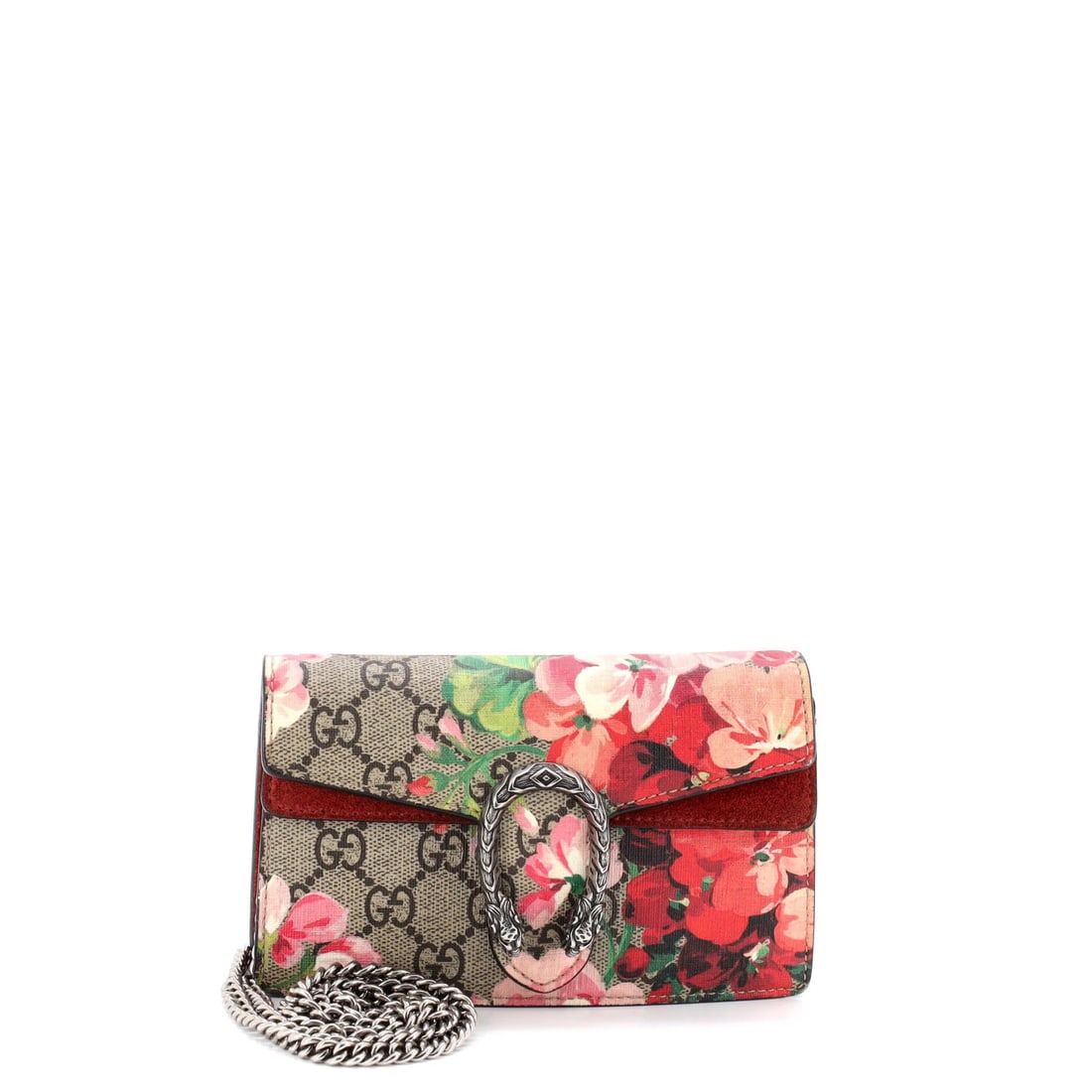 Gucci Dionysus bag blooms print coated canvas super mini GG: Gucci Dionysus bag blooms print coated canvas super mini GG Super mini Gucci Dionysus bag blooms print coated canvas, featuring the iconic GG logo in brown exterior with suede red interior. This cross