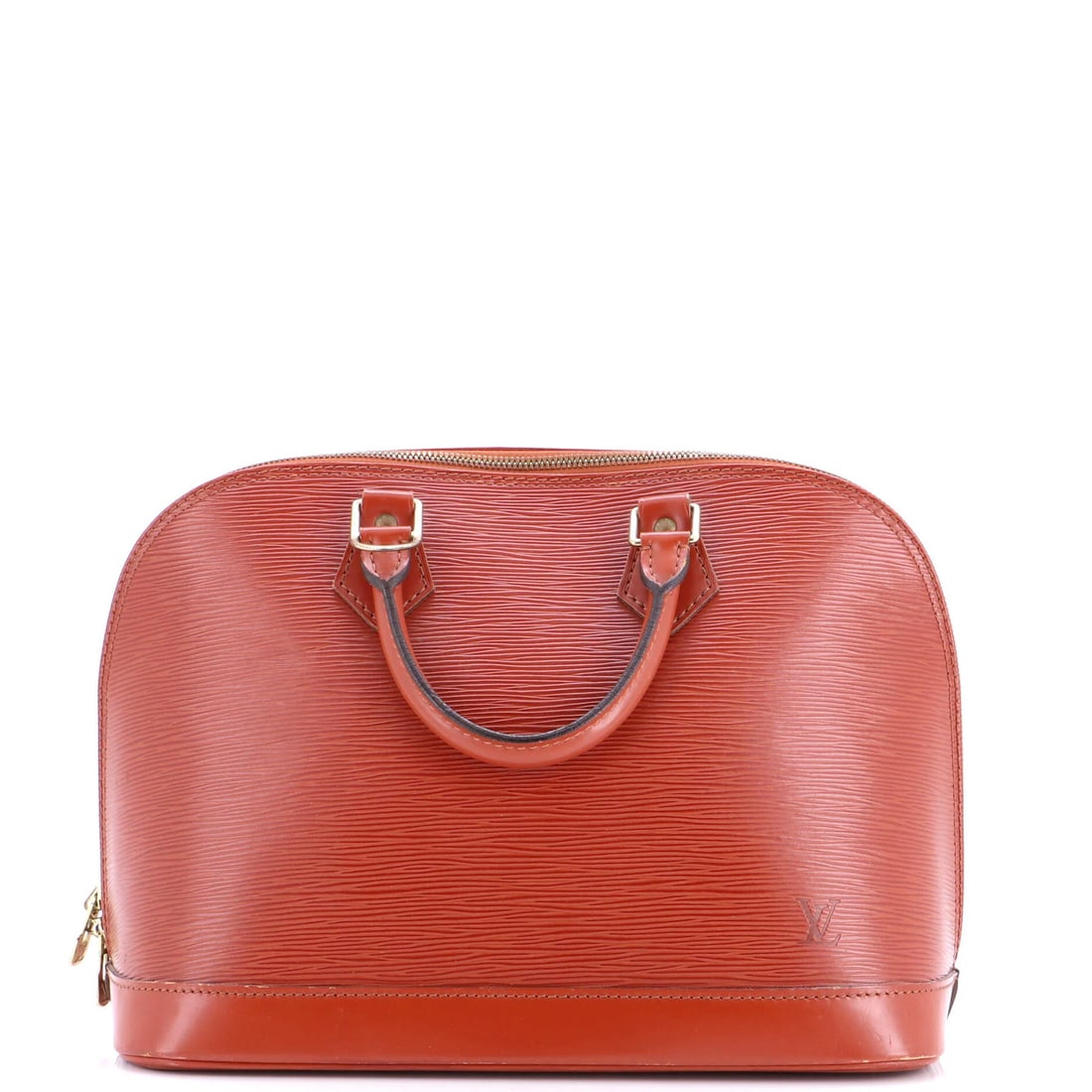 Handbag Epi Leather Louis Vuitton Alma: Handbag Epi Leather Louis Vuitton Alma Brown Epi Leather Louis Vuitton Alma Handbag with Gold Hardware. This pre-owned Alma handbag features scuffs, cracking, edge wear, corner wear, and minor creases