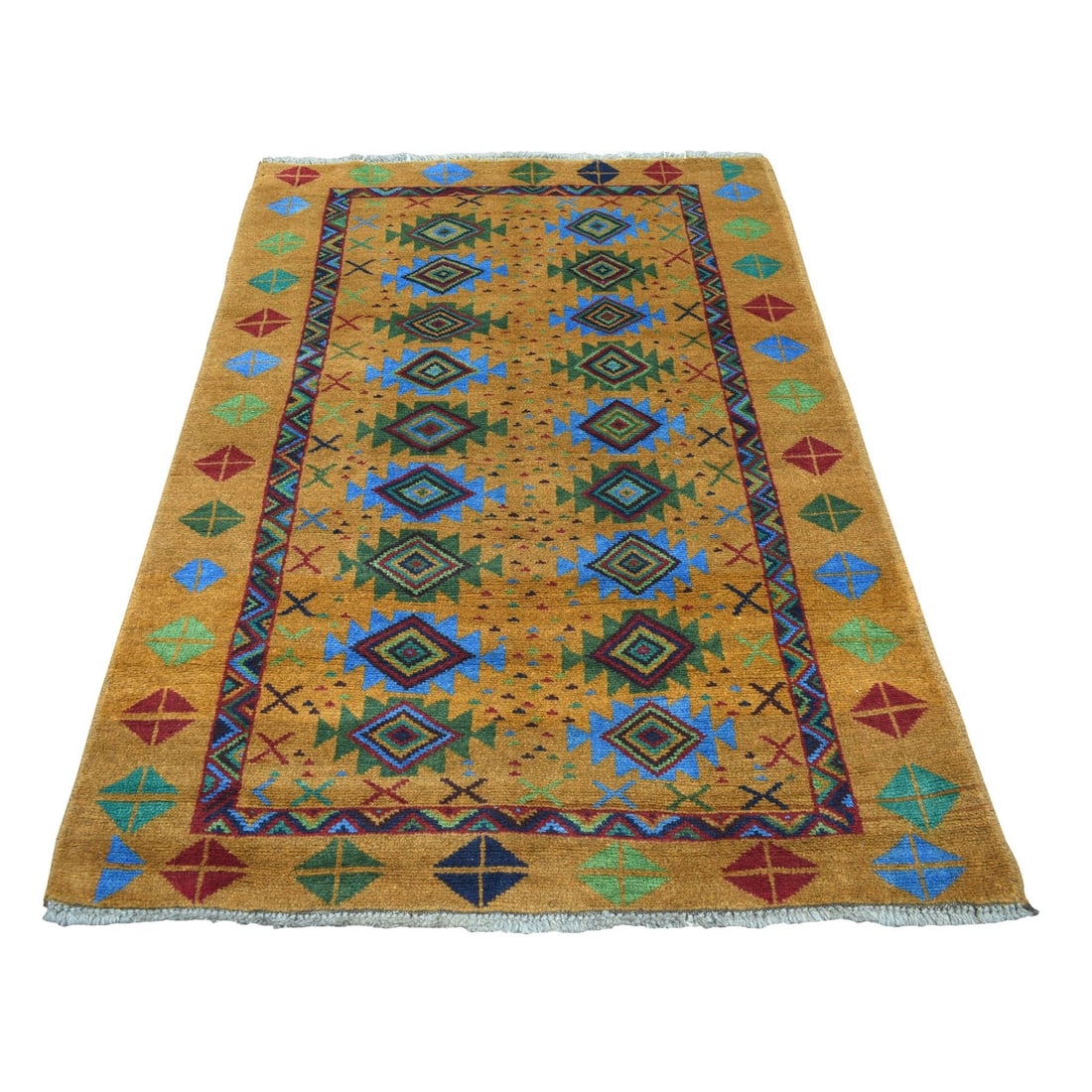 4'x6'1" Geometric Design Hand Made Pure Wool Colorful Afghan Tribal Rug: 4'x6'1" Geometric Design Hand Made Pure Wool Colorful Afghan Tribal Rug The vibrant brown and colorful geometric design of this hand-knotted pure wool Afghan tribal rug creates a stunning focal point 