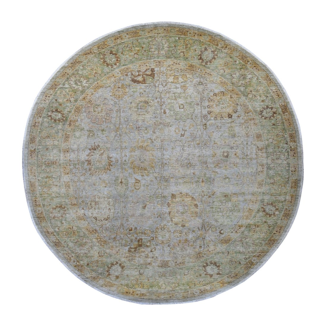 10'x10' Gray Peshawar Ziegler Mahal Design Wool Hand Knotted Round Rug: 10'x10' Gray Peshawar Ziegler Mahal Design Wool Hand Knotted Round Rug The Peshawar Ziegler Mahal design wool hand-knotted round rug boasts a stunning all-over grey field color, intricately woven with