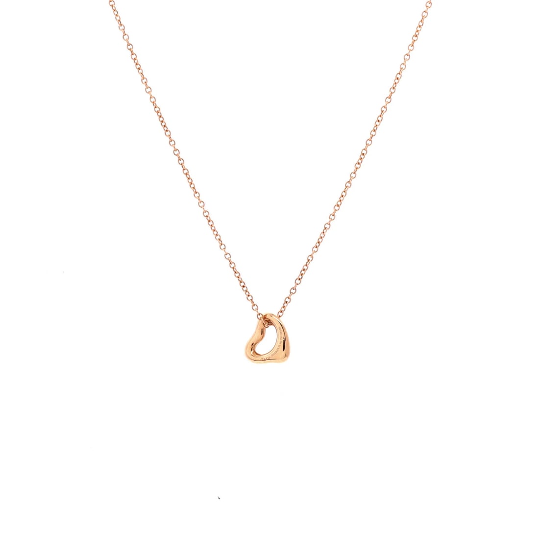 Tiffany & Co. Elsa Peretti Open Heart Pendant Necklace 18K Rose Gold 7mm: Tiffany & Co. Elsa Peretti Open Heart Pendant Necklace 18K Rose Gold 7mm Tiffany & Co.'s Elsa Peretti Open Heart Pendant Necklace shines in 18K rose gold, its delicate 7mm open heart pendant suspended