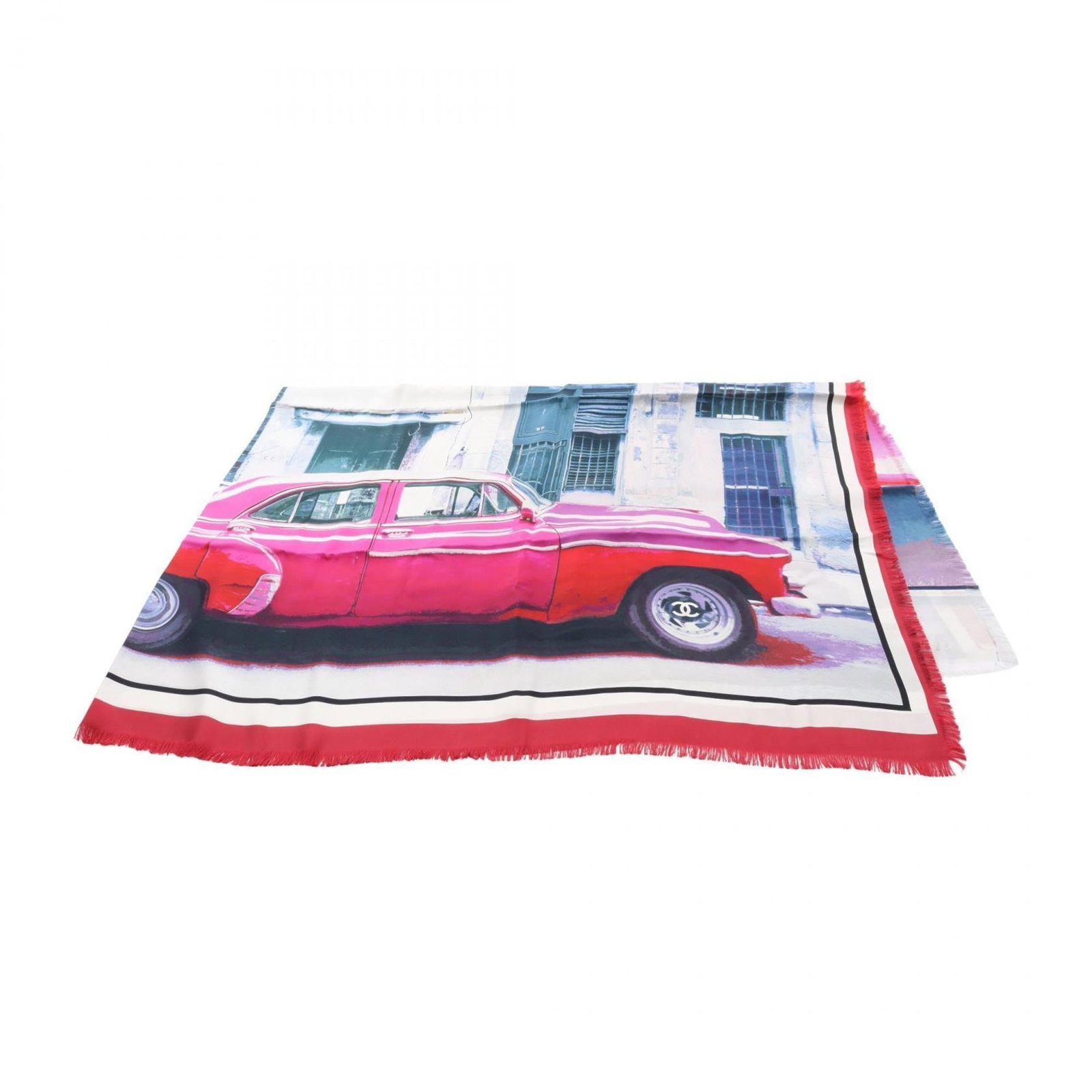 Silk Chanel Scarf: Silk Chanel Scarf Silk Chanel Scarf, a vibrant multi-color design with a striking red accent, measures 1.35m x 1.83m in size, showcasing the luxurious feel of high-quality silk fabric. This scarf is m