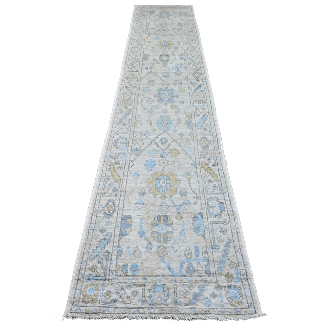 2'8"x13'6" White Wool Hand Knotted Angora Oushak Leaf Design Runner Rug: 2'8"x13'6" White Wool Hand Knotted Angora Oushak Leaf Design Runner Rug Hand-knotted in wool, this stunning ivory Oushak leaf design runner rug boasts intricate details and a classic Afghan style. Mea