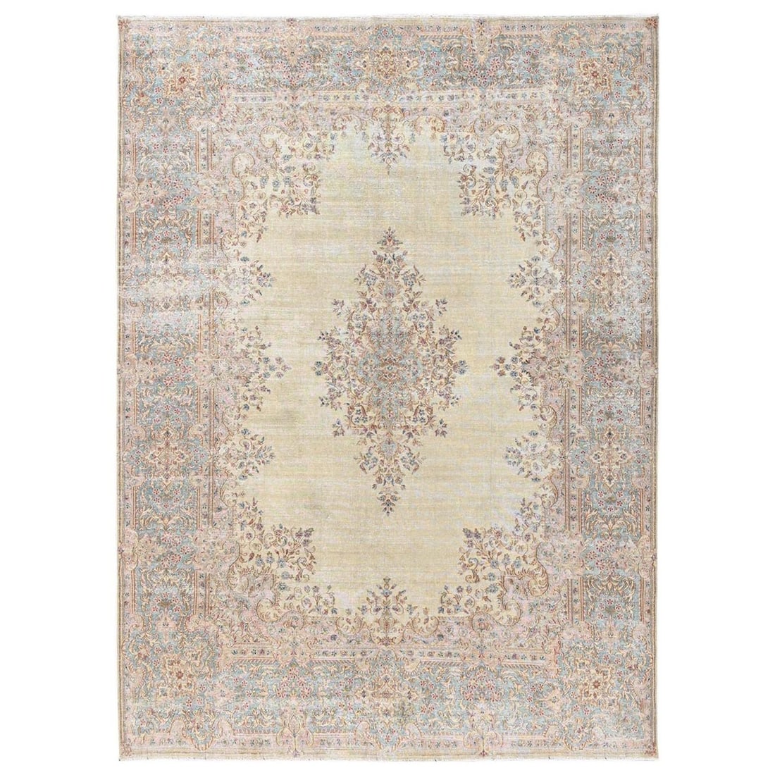 8'7"x11'10" Ivory Vintage Zoroastrian Karman Hand Knotted Pure Wool Rug: 8'7"x11'10" Ivory Vintage Zoroastrian Karman Hand Knotted Pure Wool Rug This stunning ivory Zoroastrian Karman hand-knotted pure wool rug boasts an intricate medallion pattern, woven in traditional Or