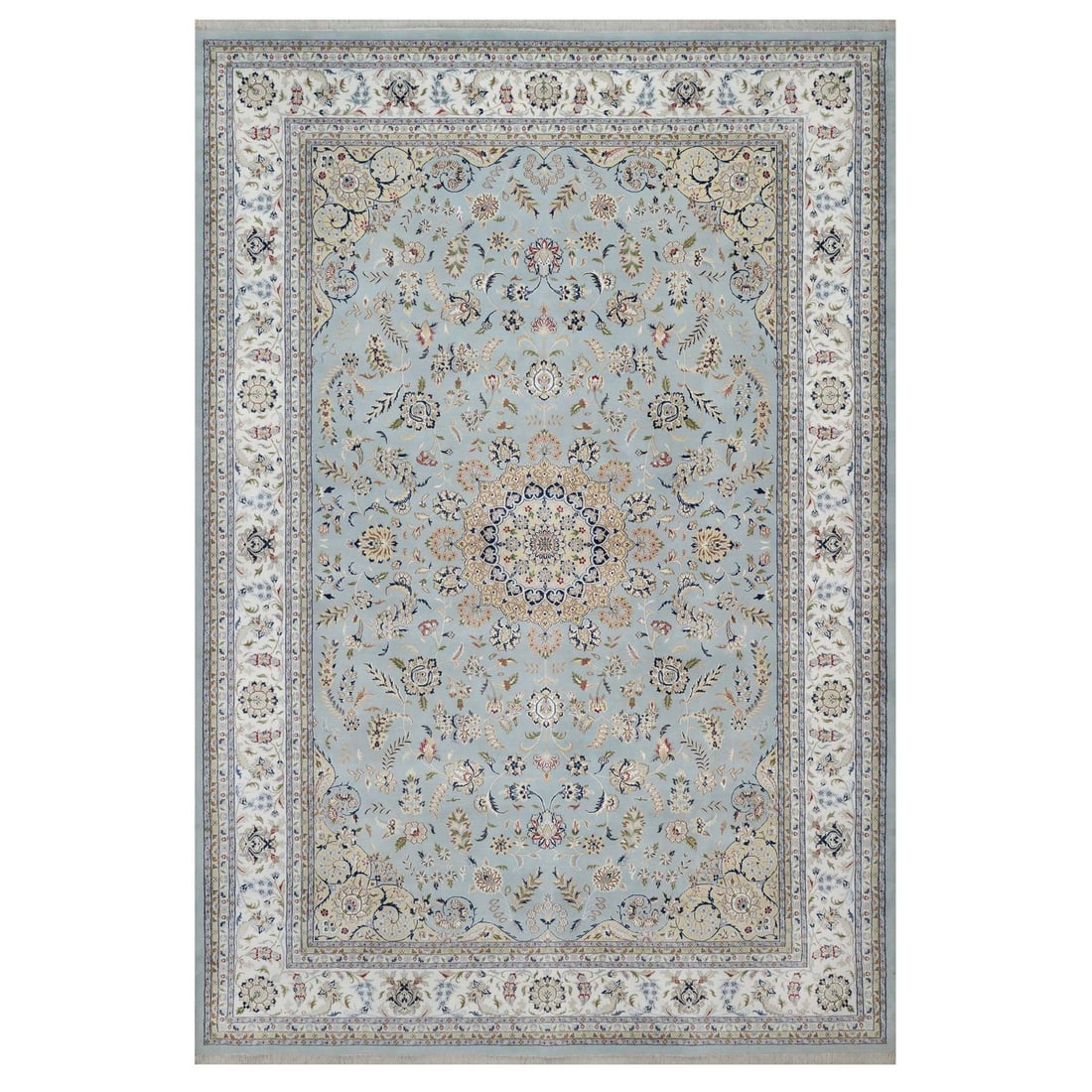 12'x18'4" Blue Nain Medallion Design Wool and Silk Hand Knotted XL Rug: 12'x18'4" Blue Nain Medallion Design Wool and Silk Hand Knotted XL Rug The Nain Medallion Design Wool and Silk Hand Knotted XL Rug boasts an impressive 12'0" x 18'4" rectangular field with a stunning 