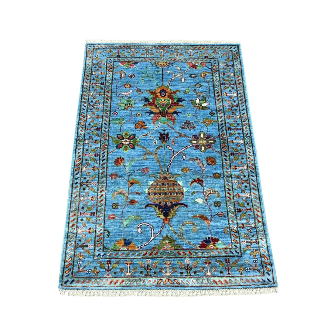 2'9"x4' Blue Hand Knotted Afghan Sultani Pomegranate Design Wool Rug: 2'9"x4' Blue Hand Knotted Afghan Sultani Pomegranate Design Wool Rug The Blue Hand Knotted Afghan Sultani Pomegranate Design Wool Rug is a stunning, hand-knotted masterpiece from Afghanistan. Measurin