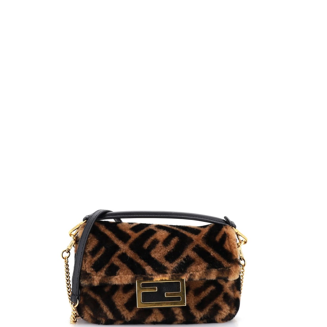Fendi Baguette NM Bag Zucca Shearling Mini: Fendi Baguette NM Bag Zucca Shearling Mini Shearling mini bag from Fendi's Baguette NM collection, featuring a brown exterior with gold hardware and a black leather interior. The bag boasts a classic 