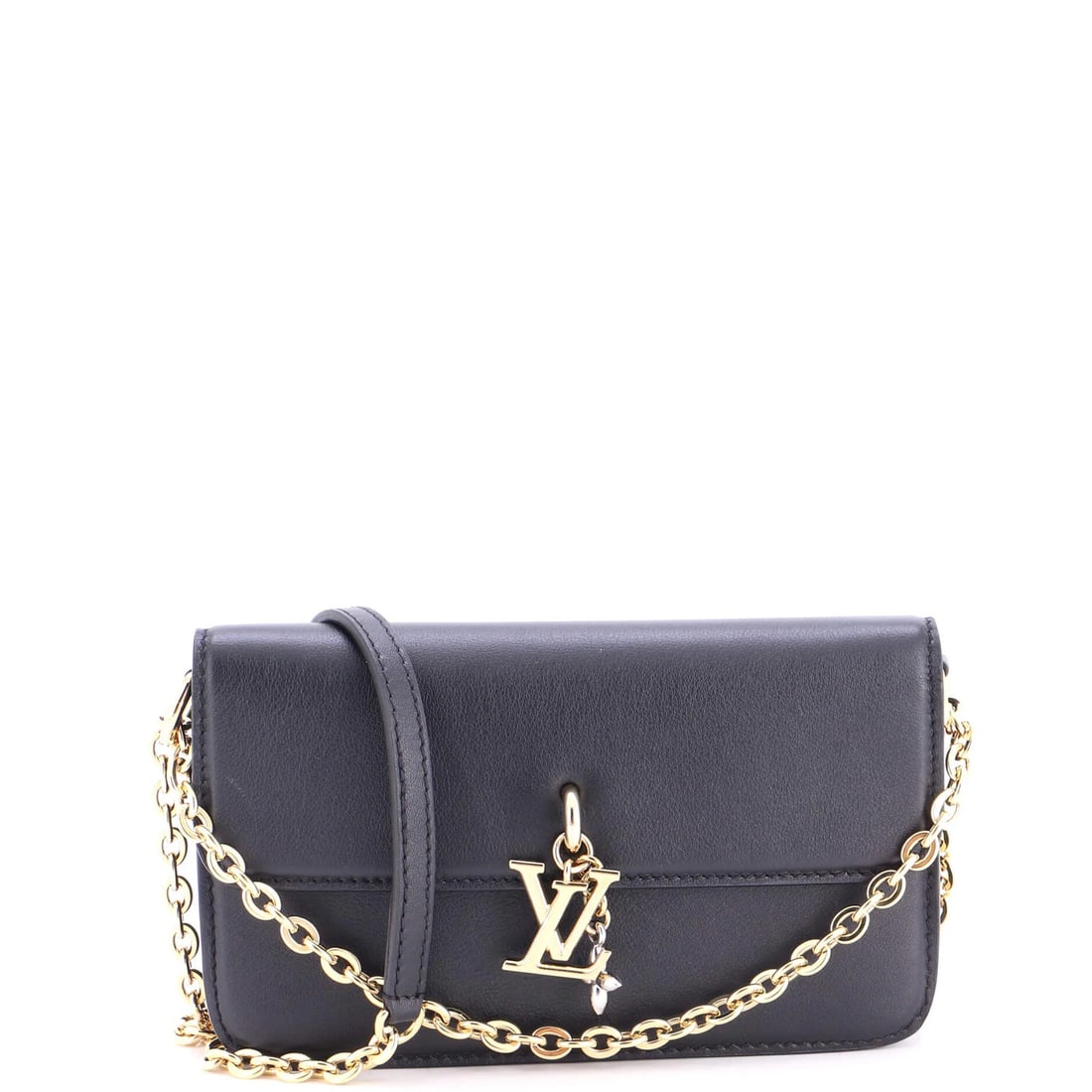 Louis Vuitton LV Bloom Wallet on Chain Leather: Louis Vuitton LV Bloom Wallet on Chain Leather Black leather cross body bag with gold and silver hardware, featuring the iconic LV Bloom design on chain. The wallet has minor scuffs and creases, but r