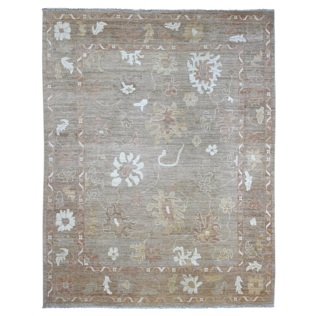 9'3"x11'10" Brown Afghan Angora Oushak Leaf Design Hand Knotted Wool Rug (1 of 11)