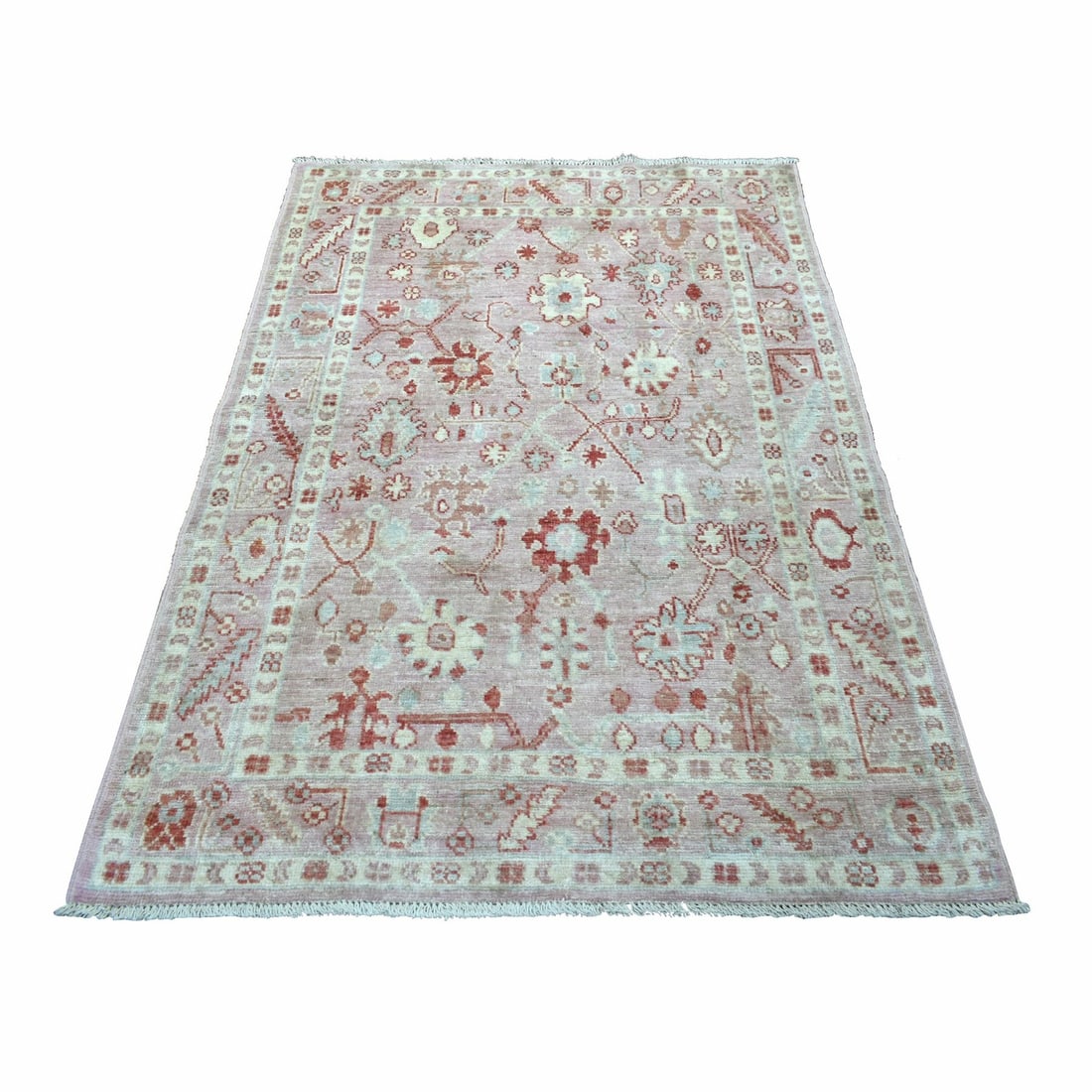 4'1"x5'10" Coral Pink Afghan Angora Oushak Hand Knotted and Wool Rug: 4'1"x5'10" Coral Pink Afghan Angora Oushak Hand Knotted and Wool Rug Hand-knotted in wool, this vibrant Coral Pink Oushak rug boasts an impressive rectangular field with intricate regional design. Mad
