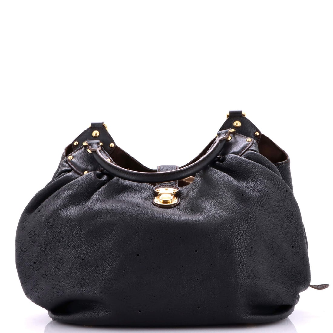 L Hobo Mahina Leather by Louis Vuitton: L Hobo Mahina Leather by Louis Vuitton Black L Hobo Mahina Leather by Louis Vuitton, featuring a classic design with scuffed and creased exterior and gold hardware. The interior boasts a rich brown mi