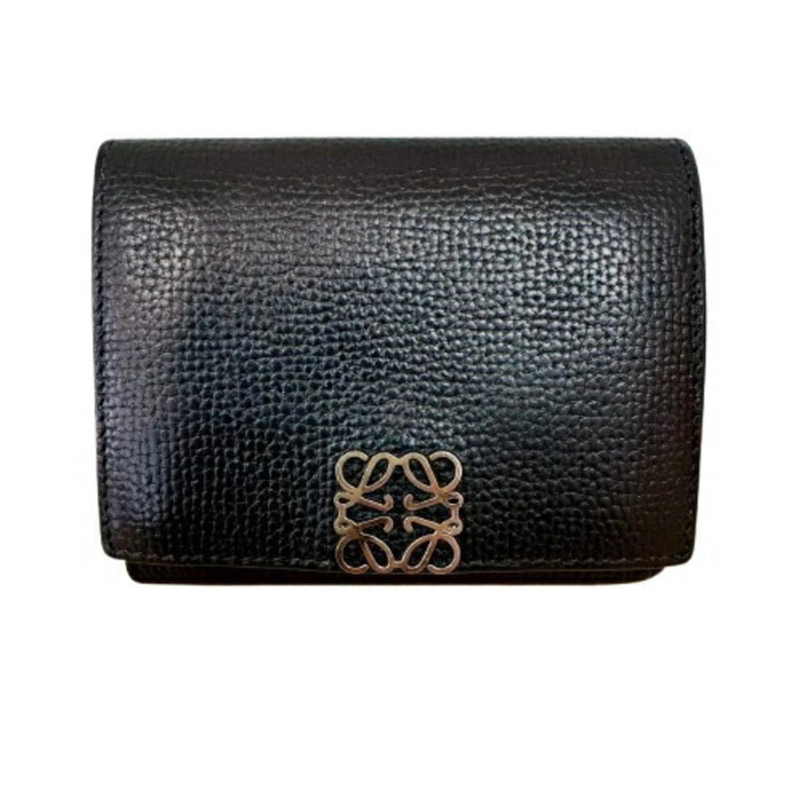 Loewe Wallet (Tri-Fold) Leather: Loewe Wallet (Tri-Fold) Leather The Loewe Wallet (Tri-Fold) Leather is a sleek and sophisticated accessory, featuring a classic tri-fold design made from high-quality black leather. Measuring 7.8cm x 