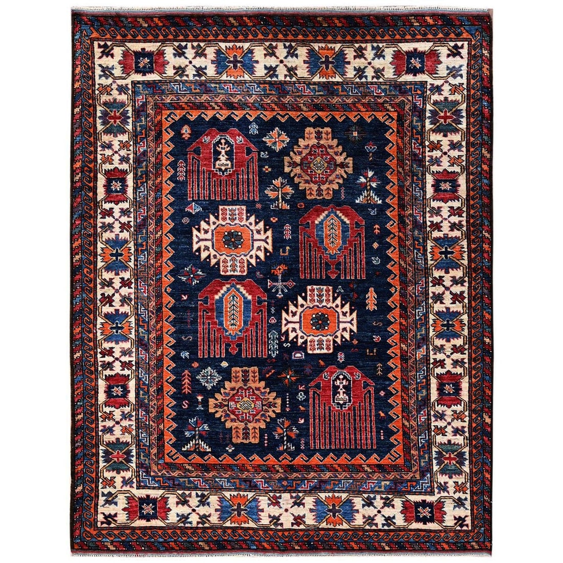 5'x6'4" Blue Afghan Ersari with Caucasian Motif Hand Knotted Soft Wool Rug: 5'x6'4" Blue Afghan Ersari with Caucasian Motif Hand Knotted Soft Wool Rug Softly glowing blue, this hand-knotted wool rug features an all-over Caucasian motif in rich reds and oranges. Its rectangula