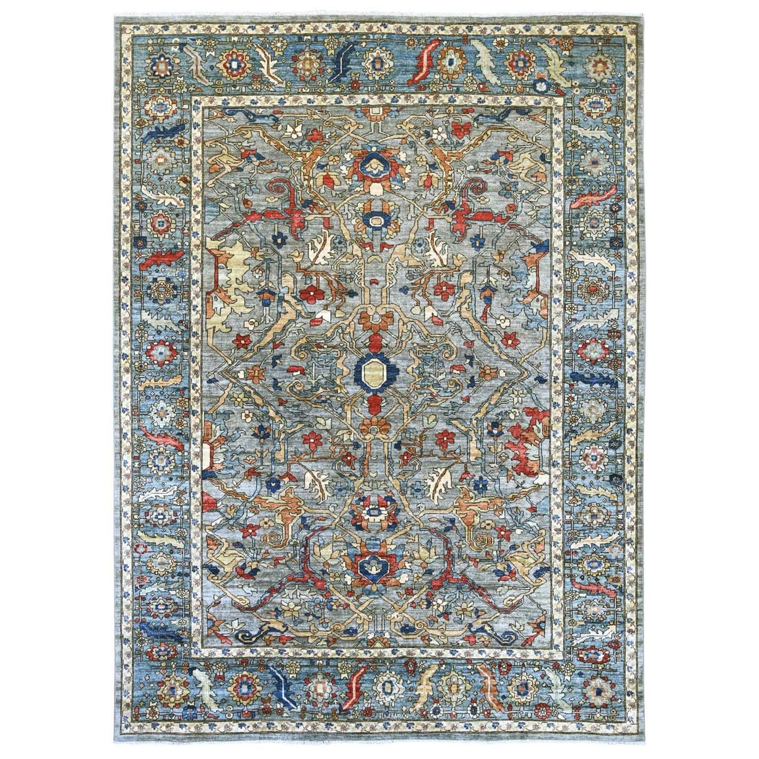 9'x12'1" Misty Gray Peshawar with Bijar Garus Design Hand Knotted Wool Rug: 9'x12'1" Misty Gray Peshawar with Bijar Garus Design Hand Knotted Wool Rug Misty Gray Peshawar with Bijar Garus Design Hand Knotted Wool Rug, measuring 9'0" x 12'1", boasts a stunning all-over regiona