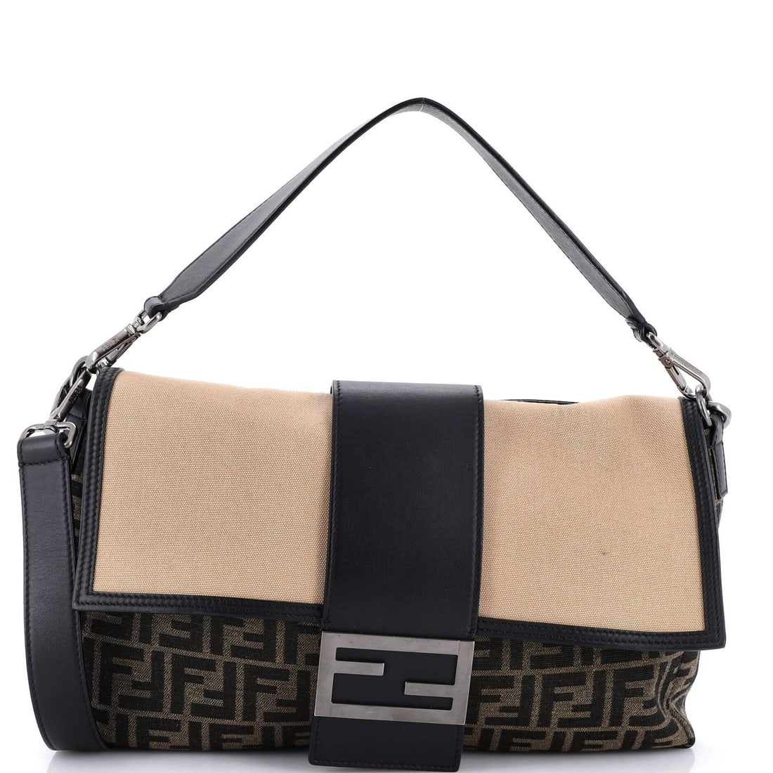 Convertible Bag Fendi Baguette Leather Zucca Large With Canvas: Convertible Bag Fendi Baguette Leather Zucca Large With Canvas Brown Fendi Baguette Leather Zucca Large Convertible Bag with Canvas Exterior. This large shoulder bag features a convertible belt design