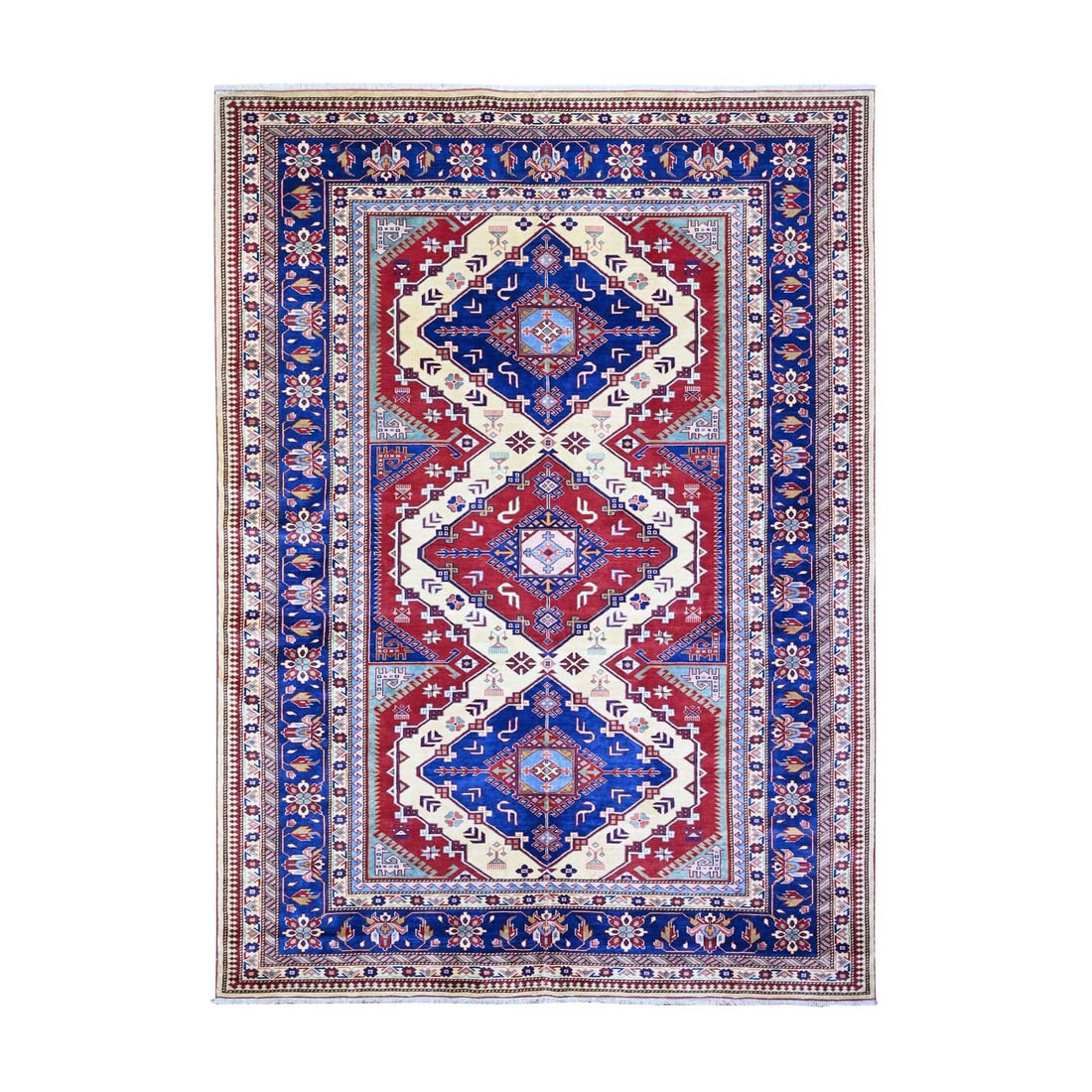 6'9"x9'4"Feather White Afghan Super Kazak Hand Knotted Wool Oriental Rug: 6'9"x9'4"Feather White Afghan Super Kazak Hand Knotted Wool Oriental Rug 6'9"x9'4"Feather White Afghan Super Kazak Hand Knotted Wool Oriental Rug - A stunning, hand-knotted wool oriental rug from Afgh