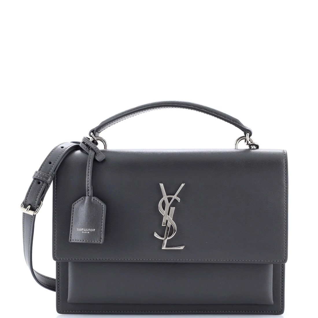 Laurent Saint Medium Leather Shoulder Top Bag Handle Sunset: Laurent Saint Medium Leather Shoulder Top Bag Handle Sunset The Laurent Saint Medium Leather Shoulder Top Bag Handle Sunset boasts a sleek, gray leather exterior with subtle creases and minor edge wea