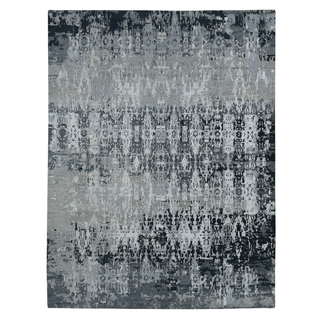8'10"x11'8" Cloud Gray Erased Design Wool with Real Silk Hand Knotted Rug: 8'10"x11'8" Cloud Gray Erased Design Wool with Real Silk Hand Knotted Rug Cloud Gray Erased Design Wool and Silk Hand Knotted Rug measures 8'10" x 11'8" in a beautiful, subtle grey color. This stunnin
