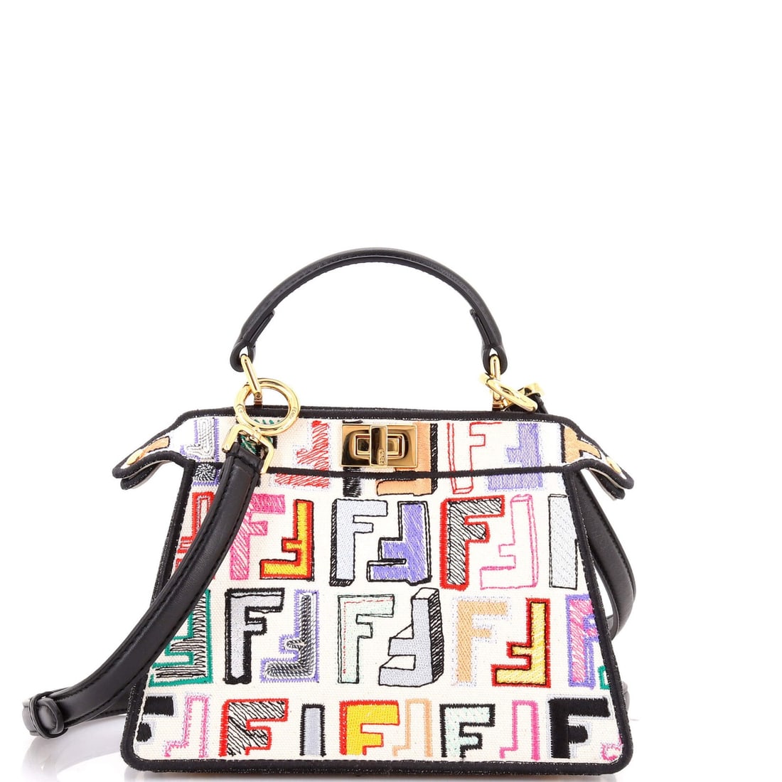 Fendi Peekaboo ISeeU Bag Embroidered Zucca Canvas Petite: Fendi Peekaboo ISeeU Bag Embroidered Zucca Canvas Petite Canvas Plain Fendi Peekaboo ISeeU Bag Embroidered Zucca in Multicolor. This petite, multicolored canvas bag features embroidered design and gol