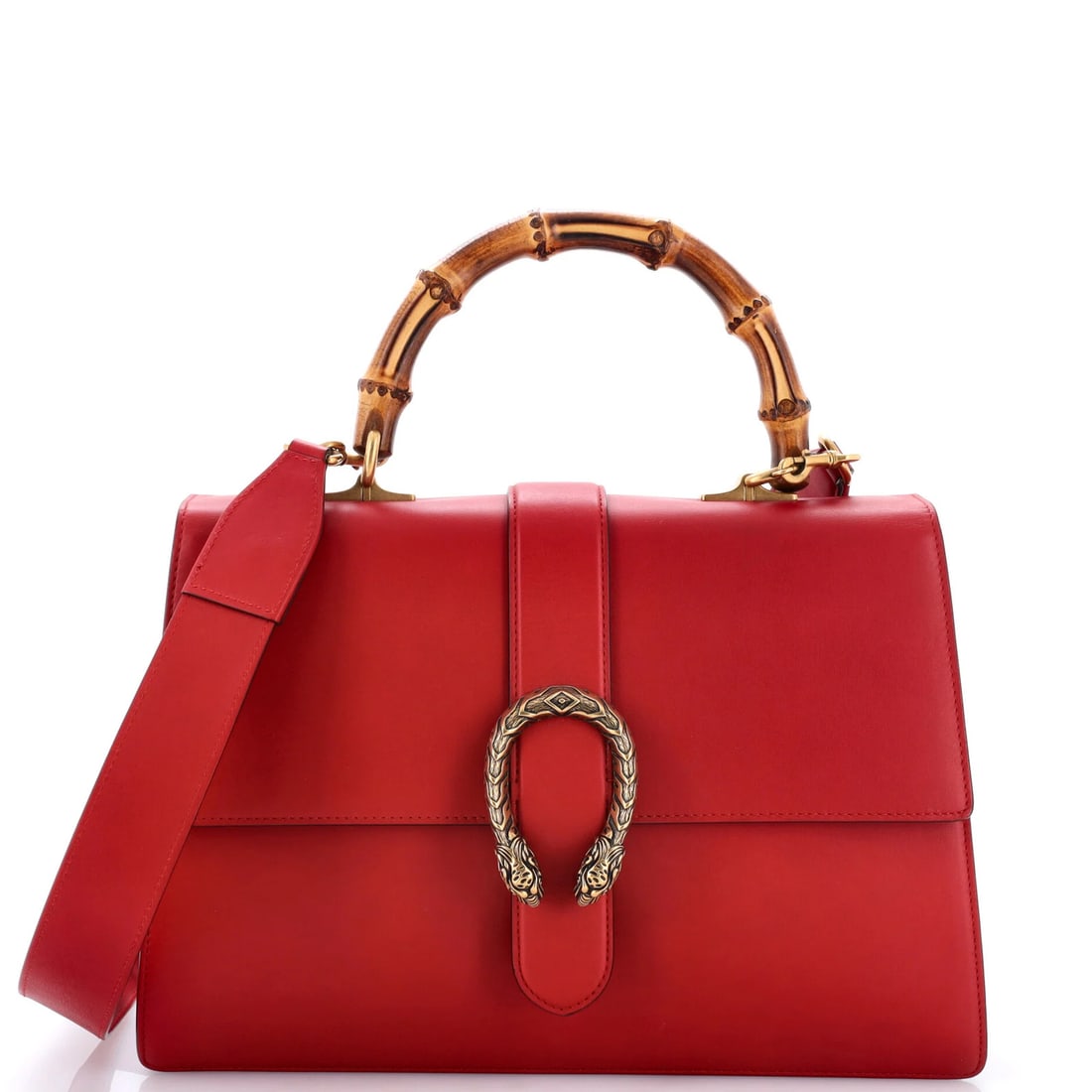 Bamboo Leather Large Gucci Dionysus Top Handle Bag: Bamboo Leather Large Gucci Dionysus Top Handle Bag Red Gucci Dionysus Bamboo Top Handle Bag in large size, featuring scuffed exterior with minor creases and cracking, and aged gold hardware. The bag m