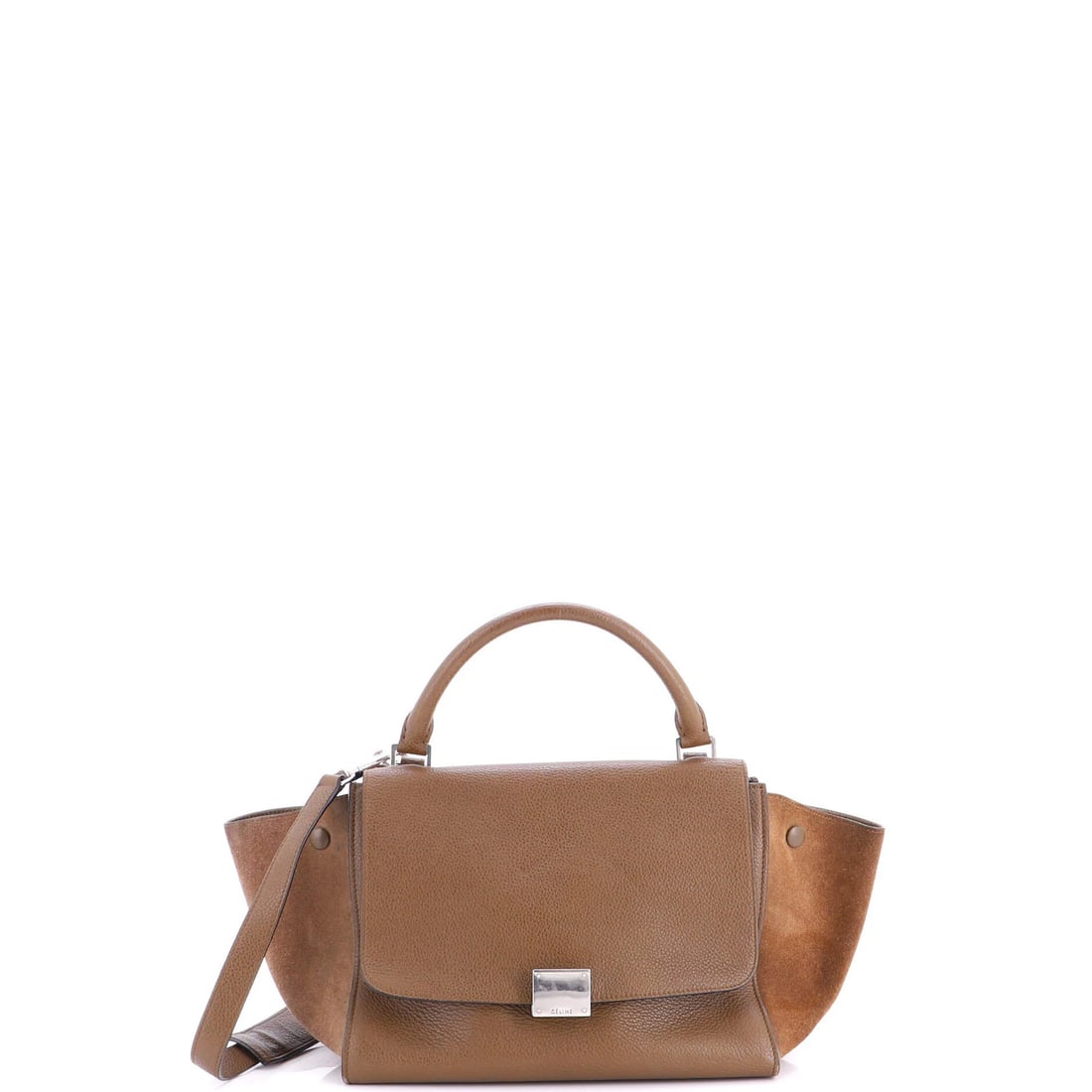 Celine small leather trapeze bag: Celine small leather trapeze bag Small Celine Leather Trapeze Bag in Brown. This small leather trapeze bag features a classic design with top handle and silver hardware, measuring 7.5" high, 11" wide,