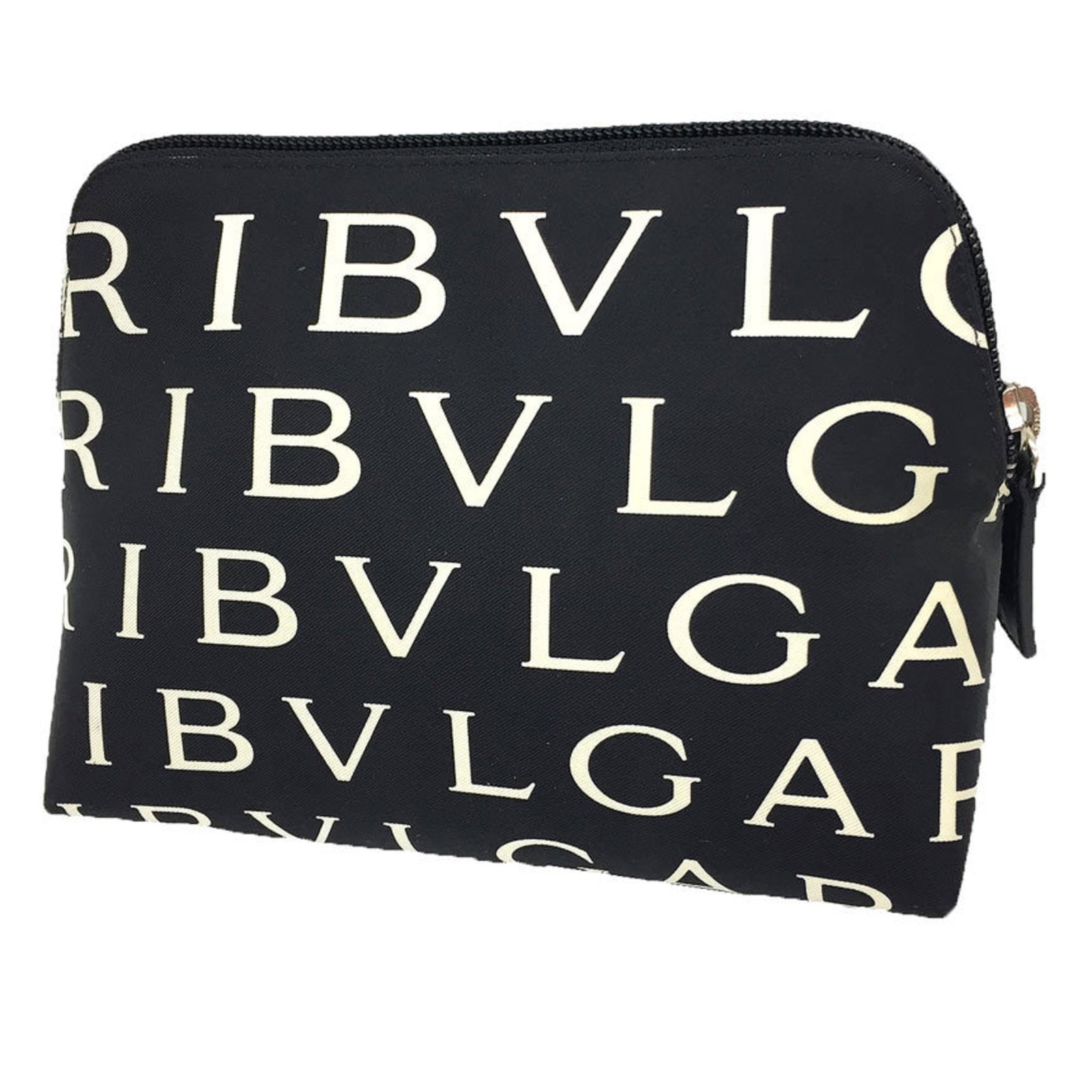 Canvas nylon pouch by Bvlgari: Canvas nylon pouch by Bvlgari Black and white canvas nylon pouch by Bvlgari, measuring 13cm x 17.5cm x 7.5cm, comes with a box. This sleek pouch features the iconic Bvlgari brand and is made from dura