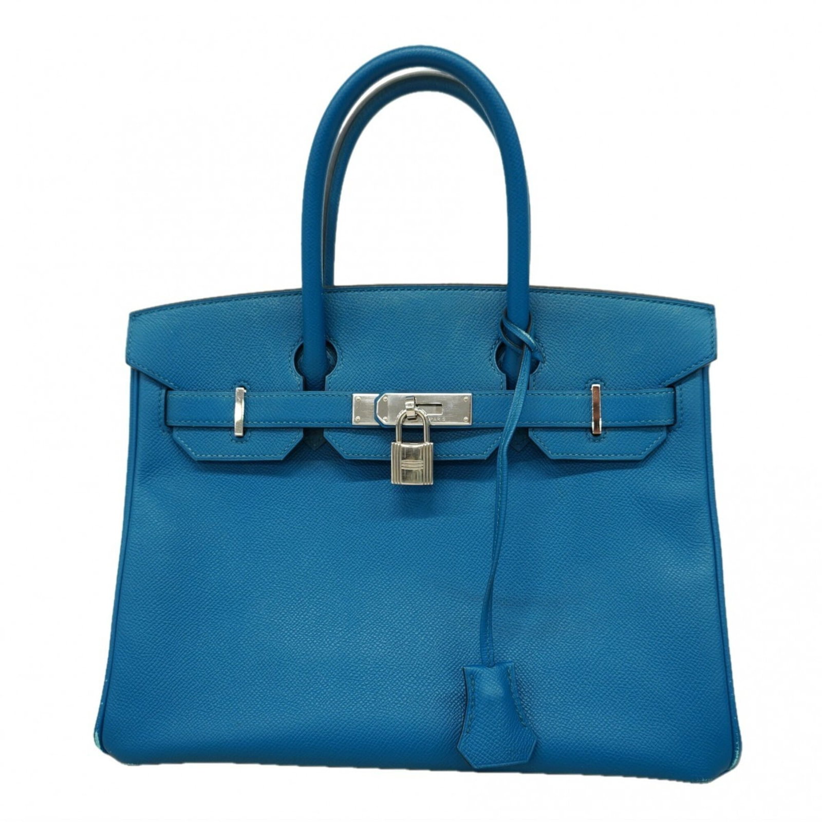 Hermes Handbag Epsom Leather: Hermes Handbag Epsom Leather Epsom leather construction provides durability and sophistication to this blue Hermes handbag, with silver hardware adding a touch of elegance. Measuring 24cm x 31cm x 16c