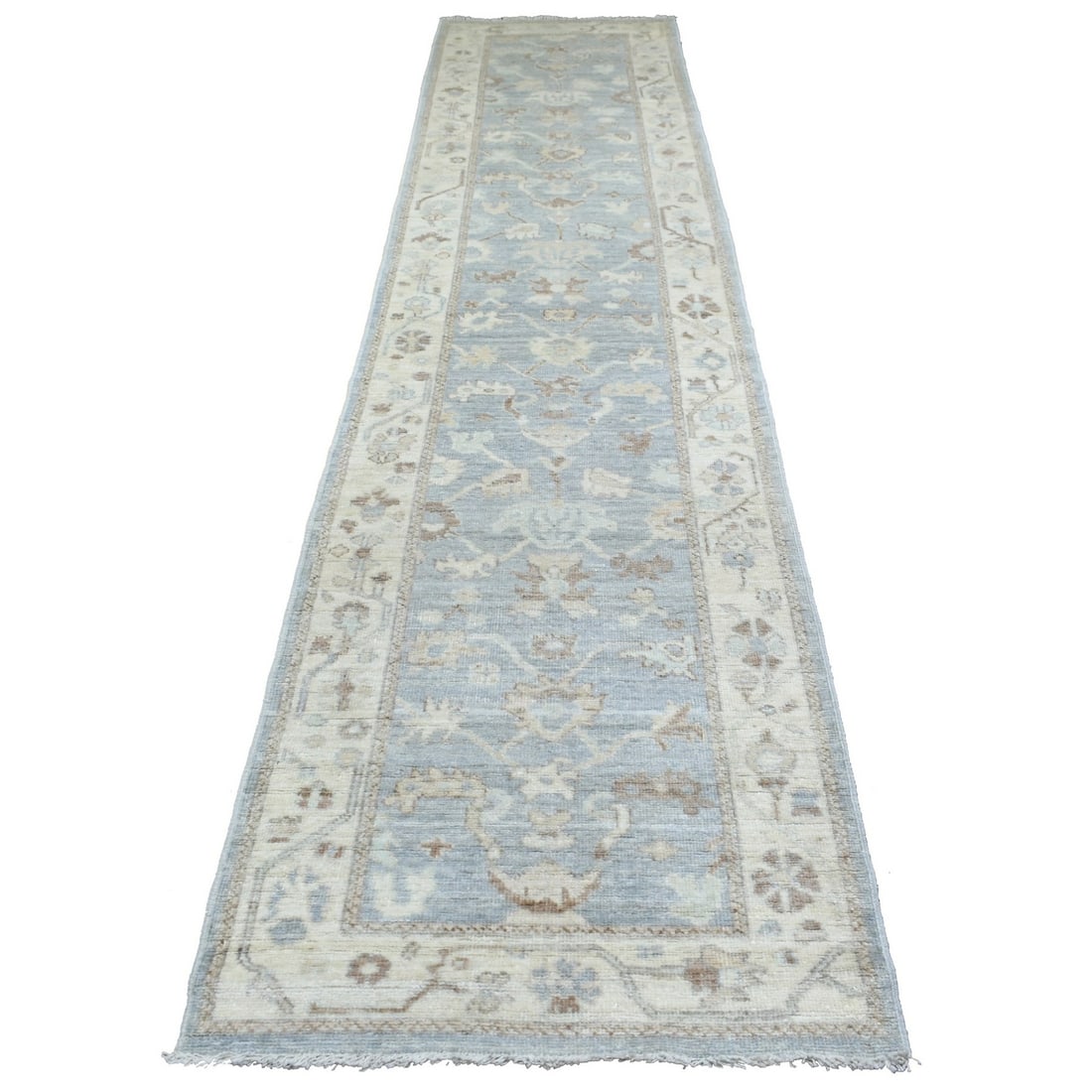 3'x13'7" Gray Afghan Angora Ushak Pure Wool Hand Knotted Runner Rug: 3'x13'7" Gray Afghan Angora Ushak Pure Wool Hand Knotted Runner Rug Hand-knotted in pure wool, this stunning 3'x13'7" Afghan Angora Ushak rug boasts a rich grey field color and intricate oriental desi
