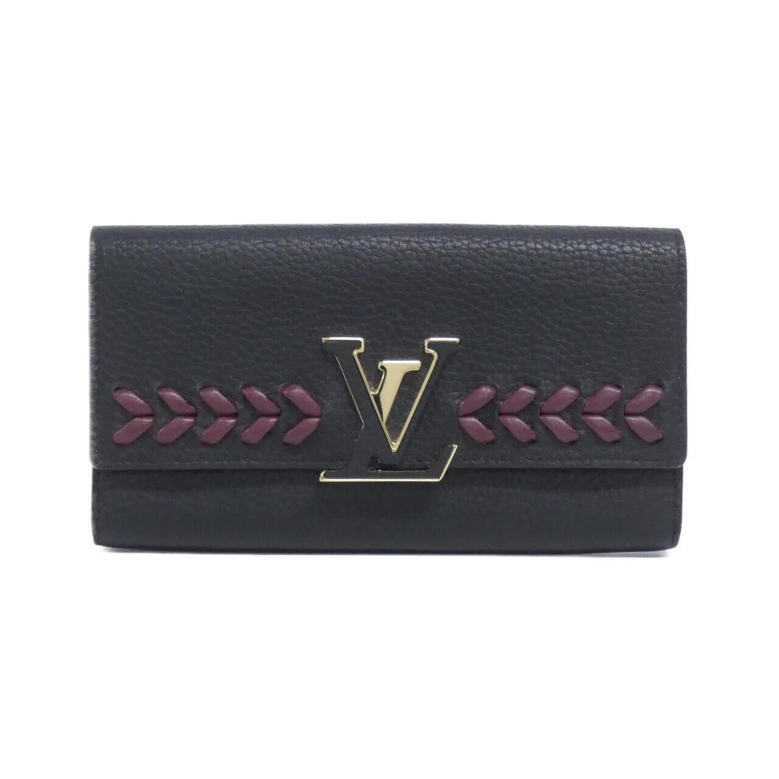 Long Wallet Bi Fold Leather Louis Vuitton: Long Wallet Bi Fold Leather Louis Vuitton Long Wallet Bi Fold Leather Louis Vuitton features calf leather construction, black color, and dimensions of 11cm x 20cm x 2cm. This bi-fold wallet boasts a c