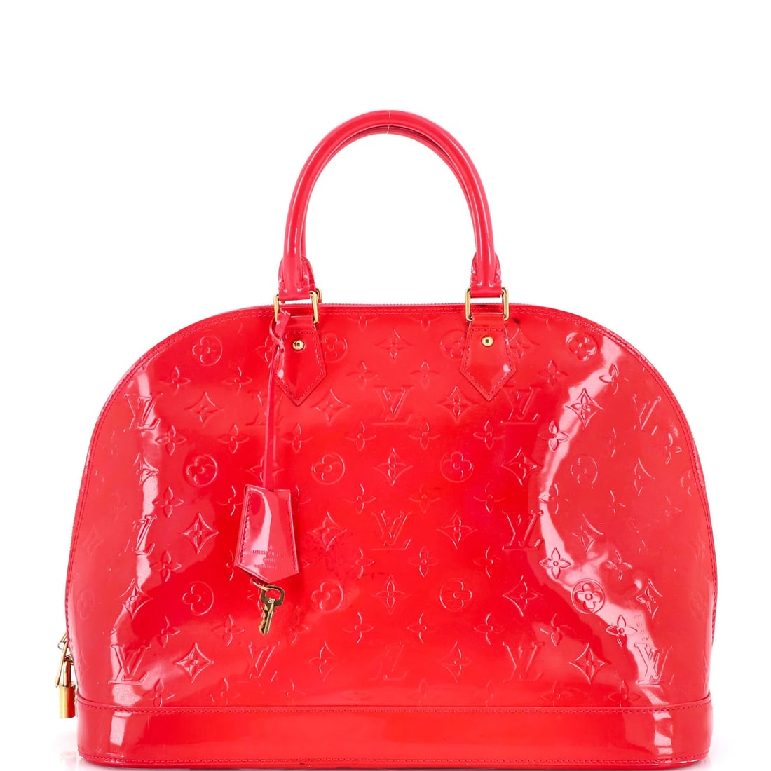 Louis Vuitton Handbag Alma Monogram Vernis GM: Louis Vuitton Handbag Alma Monogram Vernis GM Pink Louis Vuitton Alma Monogram Vernis GM Handbag with patent leather exterior and gold hardware, featuring the iconic monogram pattern. This top-handle