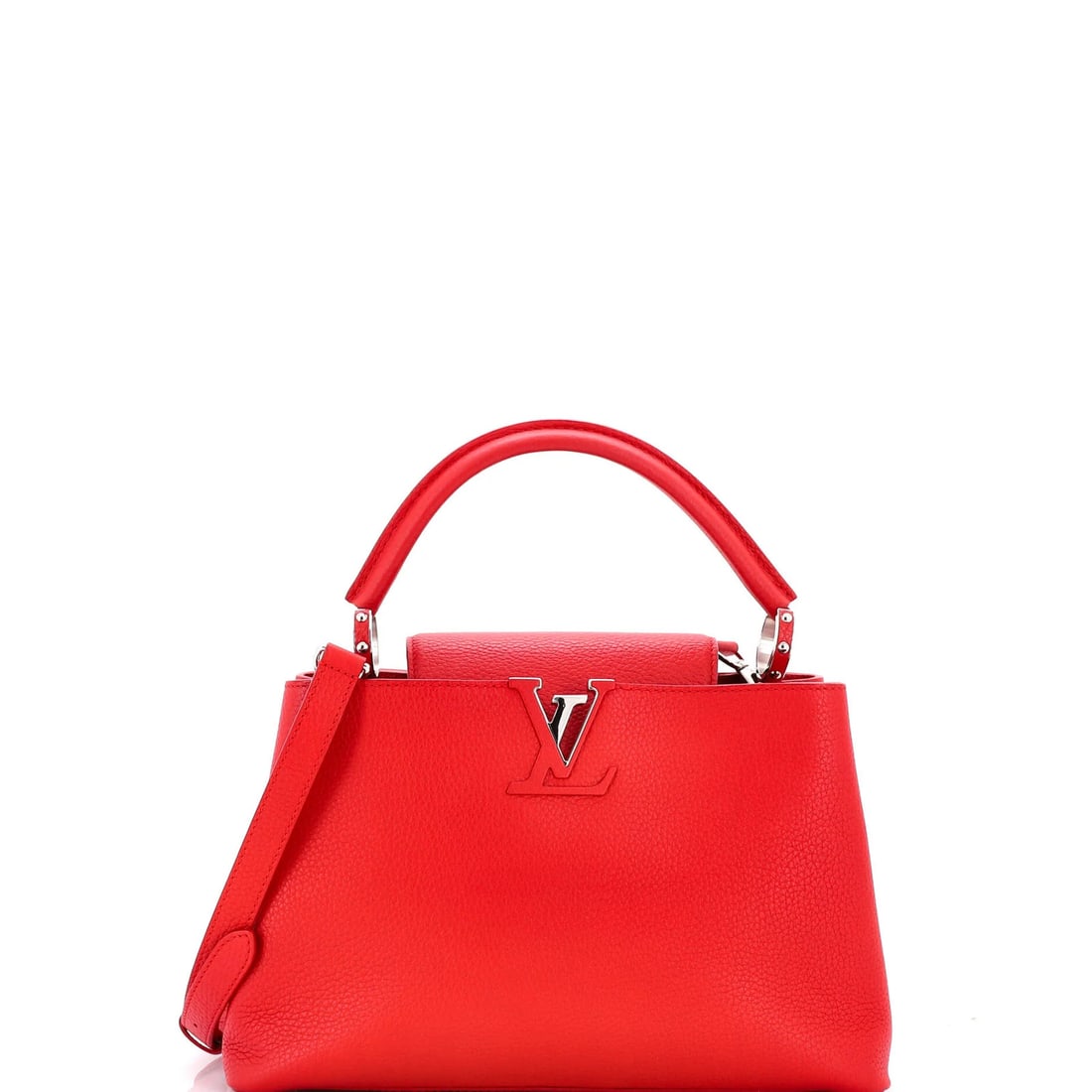 Louis Vuitton Capucines Bag Leather PM: Louis Vuitton Capucines Bag Leather PM Red Louis Vuitton Capucines Bag Leather PM with silver hardware, featuring minor corner wear and scuffs on the exterior, available for purchase. This bag measure