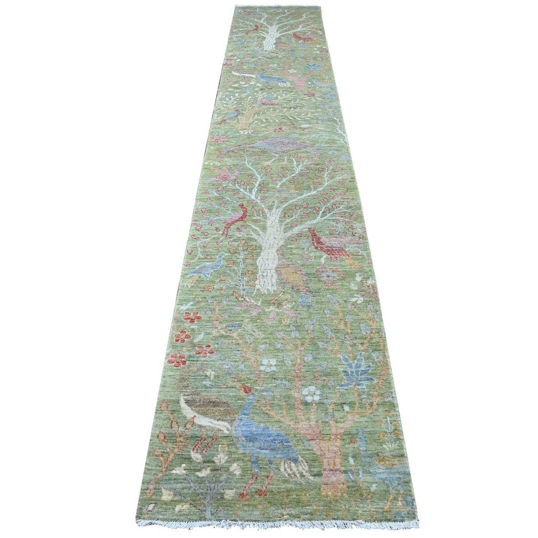2'6"x15' Green Hand Knotted Peshawar Birds of Paradise Design Wool Runner: 2'6"x15' Green Hand Knotted Peshawar Birds of Paradise Design Wool Runner The Peshawar Birds of Paradise design wool runner boasts an eye-catching green field with intricate hand-knotted details, show