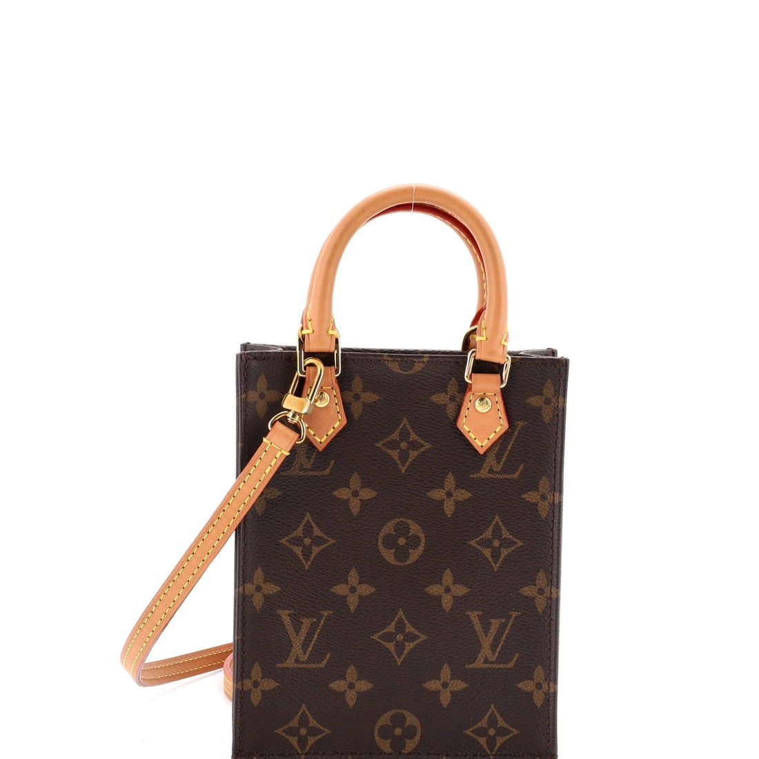 Sac bag canvas monogram Louis Vuitton Petit: Sac bag canvas monogram Louis Vuitton Petit Brown canvas coated Louis Vuitton Petit Sac Plat Bag with monogram design, featuring minor corner wear and discoloration on the handles/straps. The bag meas