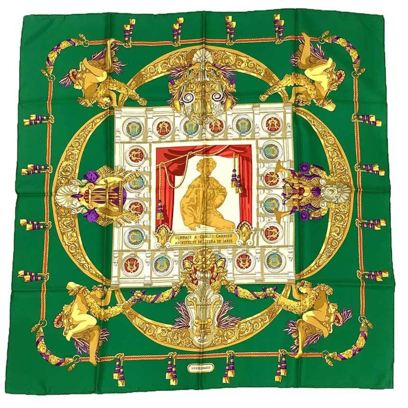 Hermes silk scarf: Hermes silk scarf Silk scarf from renowned French brand Hermes, featuring vibrant green color and measuring 90cm x 90cm. Made from high-quality silk material, this scarf showcases the iconic style and