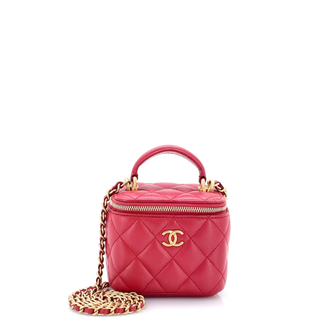 Classic top handle vanity case with chain quilted lambskin mini by Chanel: Classic top handle vanity case with chain quilted lambskin mini by Chanel Classic top handle vanity case with chain quilted lambskin mini by Chanel features a timeless design and premium leather exter