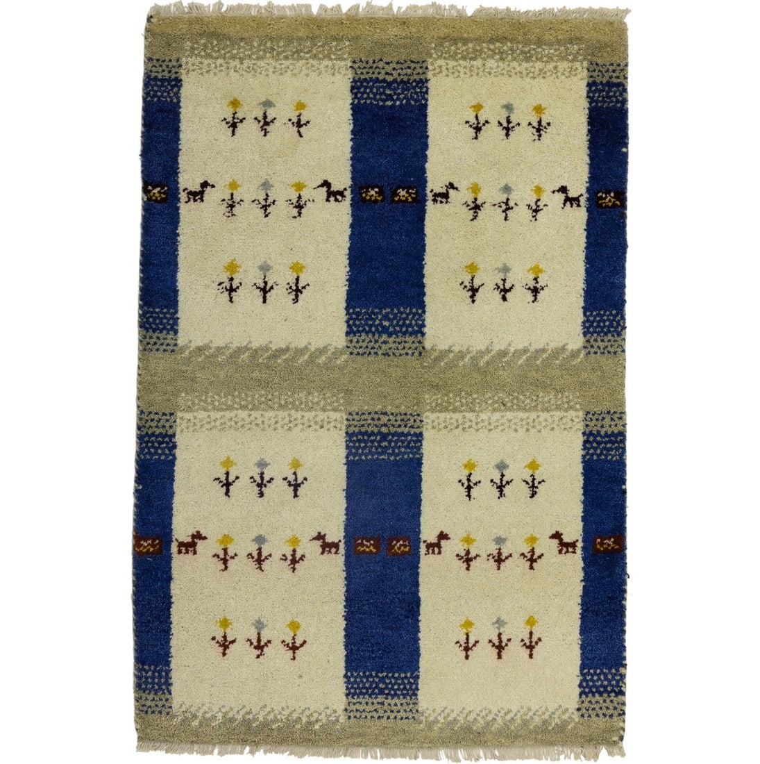 Handmade Tribal Indo-Gabbeh Oriental Rug Pictorial Style Kids Room Carpet 3X4 Ft Hand-Knotted: Handmade Tribal Indo-Gabbeh Oriental Rug Pictorial Style Kids Room Carpet 3X4 Ft Hand-Knotted Hand-knotted with wool and cotton, this vibrant 3x4 ft Tribal Indo-Gabbeh Oriental rug boasts an impressiv