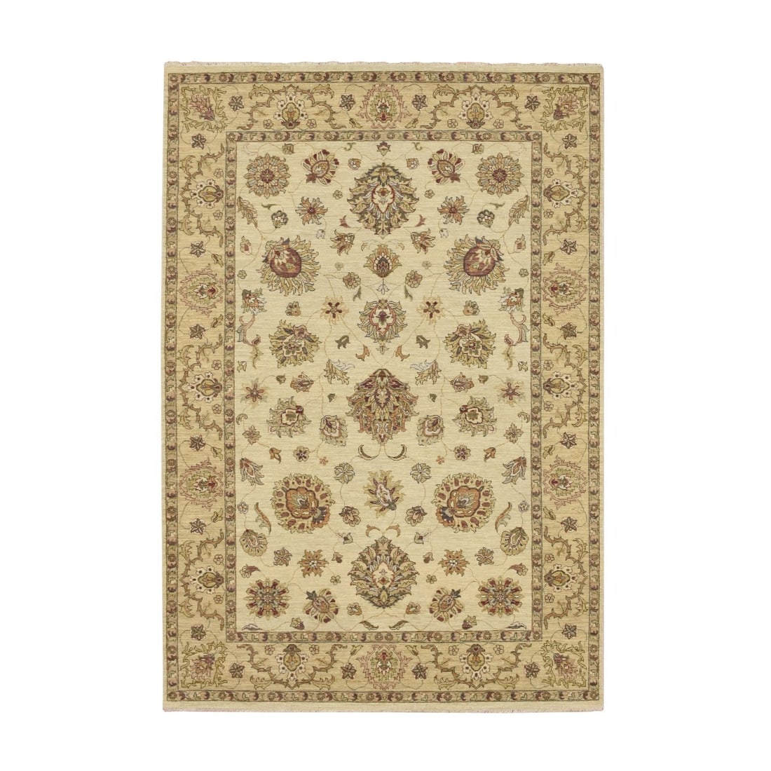 5'6"x8'1" Ivory Pure Wool Agra with Ziegler Design Leaf Pattern Hand Knotted: 5'6"x8'1" Ivory Pure Wool Agra with Ziegler Design Leaf Pattern Hand Knotted Hand-knotted in pure wool, this stunning 5'6" x 8'1" Ivory Agra rug boasts an intricate Ziegler Design Leaf pattern, adding