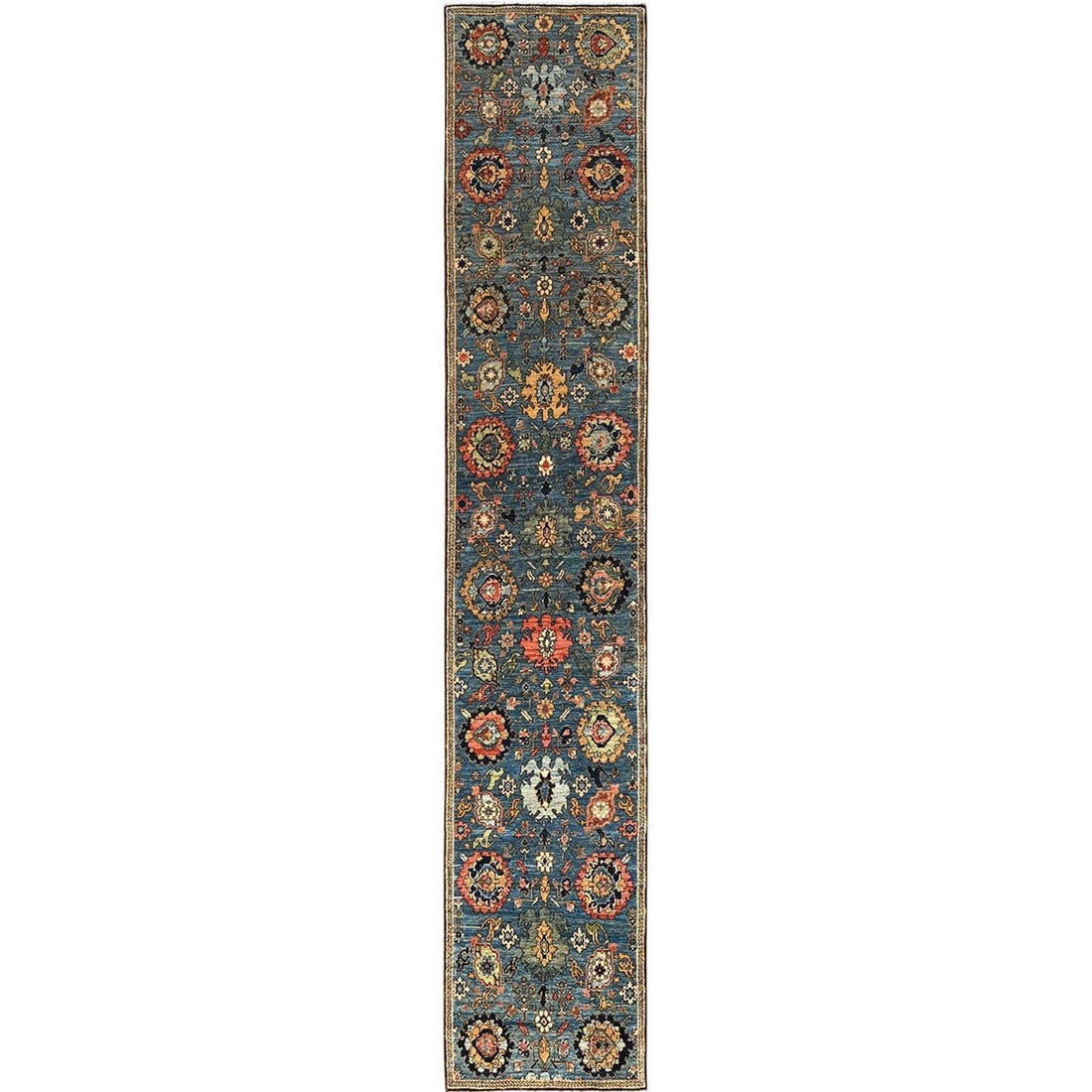 2'7"x14'7" Blue Northwest Zoroastrian Design Wool Hand Knotted Runner Rug: 2'7"x14'7" Blue Northwest Zoroastrian Design Wool Hand Knotted Runner Rug This stunning blue Northwest Zoroastrian design wool hand-knotted runner rug measures 2'7" x 14'7" and boasts an all-over regi