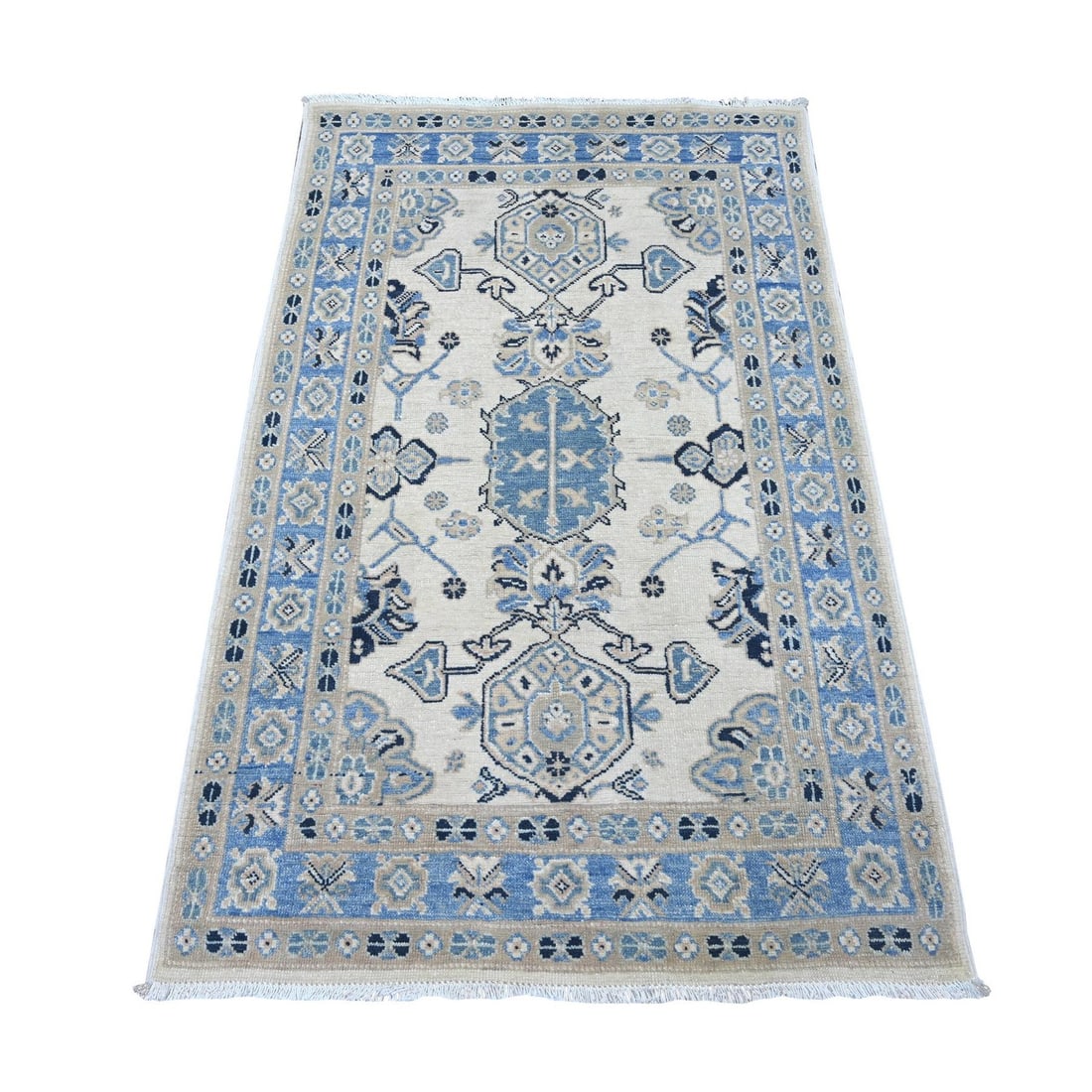 3'1"x4'10" Ivory Vintage Look Kazak Tribal Design Hand Knotted Wool Rug: 3'1"x4'10" Ivory Vintage Look Kazak Tribal Design Hand Knotted Wool Rug This stunning ivory Kazak-style hand-knotted wool rug boasts a striking medallion pattern in neutral tones, with intricate detai
