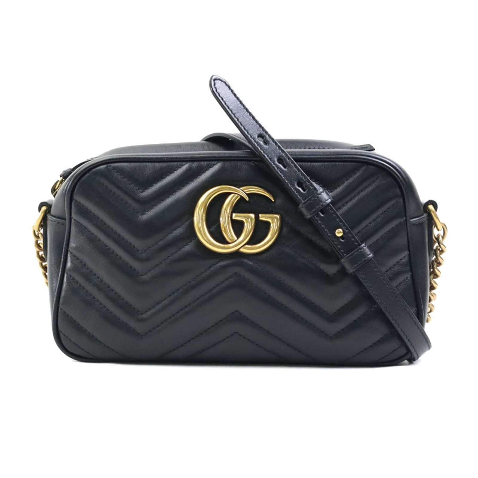Shoulder Bag Leather: Shoulder Bag Leather Black leather shoulder bag from Gucci, measuring 13.5cm x 23cm x 6.5cm and featuring a dust bag for storage. This Italian-made bag showcases the brand's signature style with its s